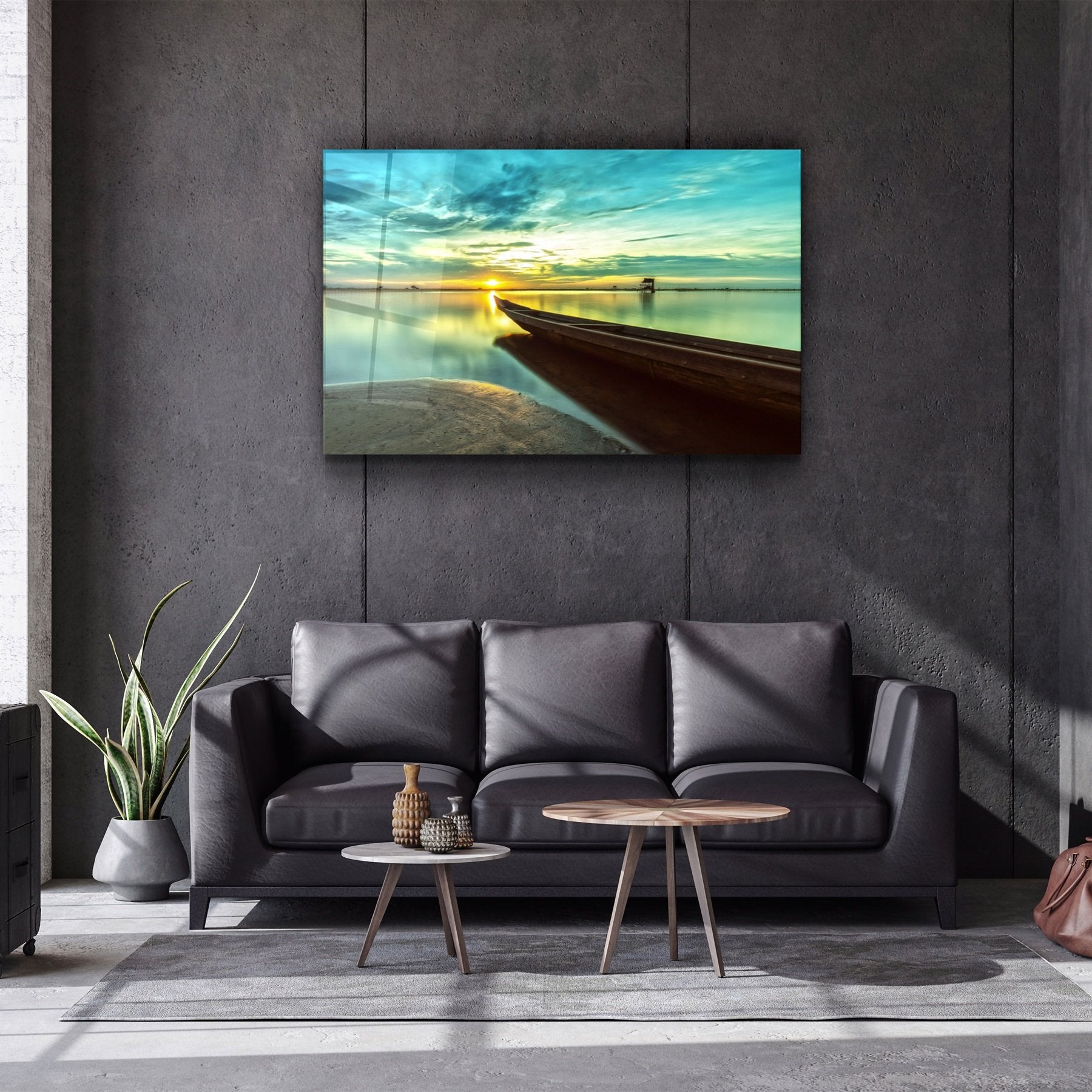 ・"Kayak et coucher de soleil sur la plage"・Art mural en verre