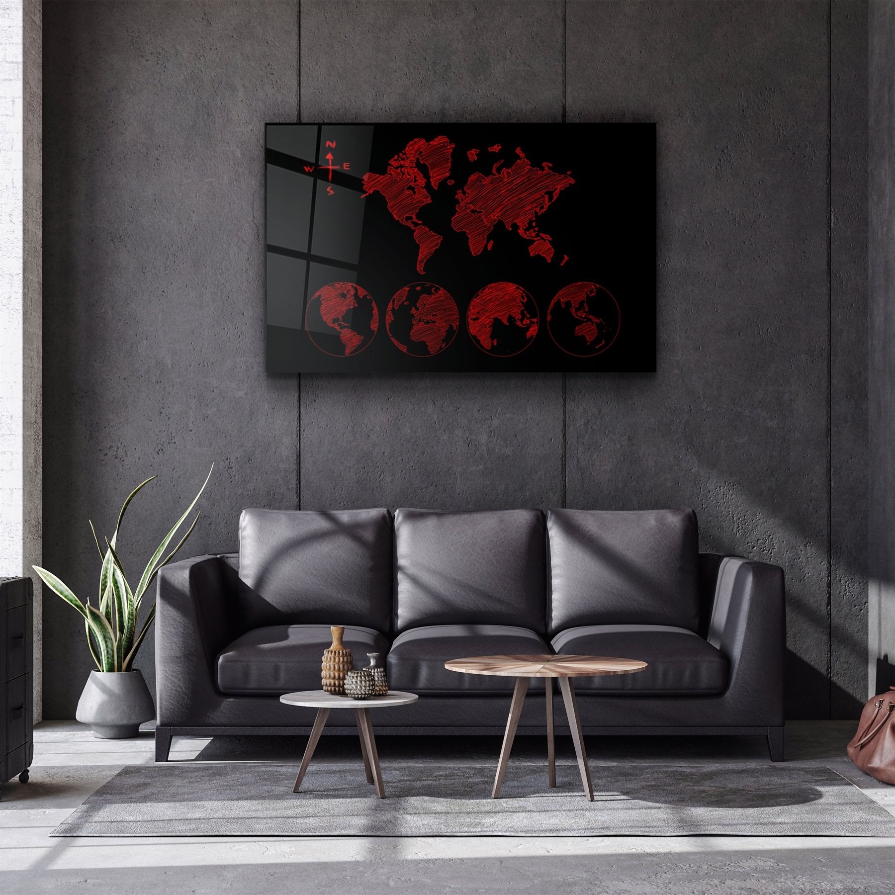 ・"World Map Black-Red"・Glass Wall Art