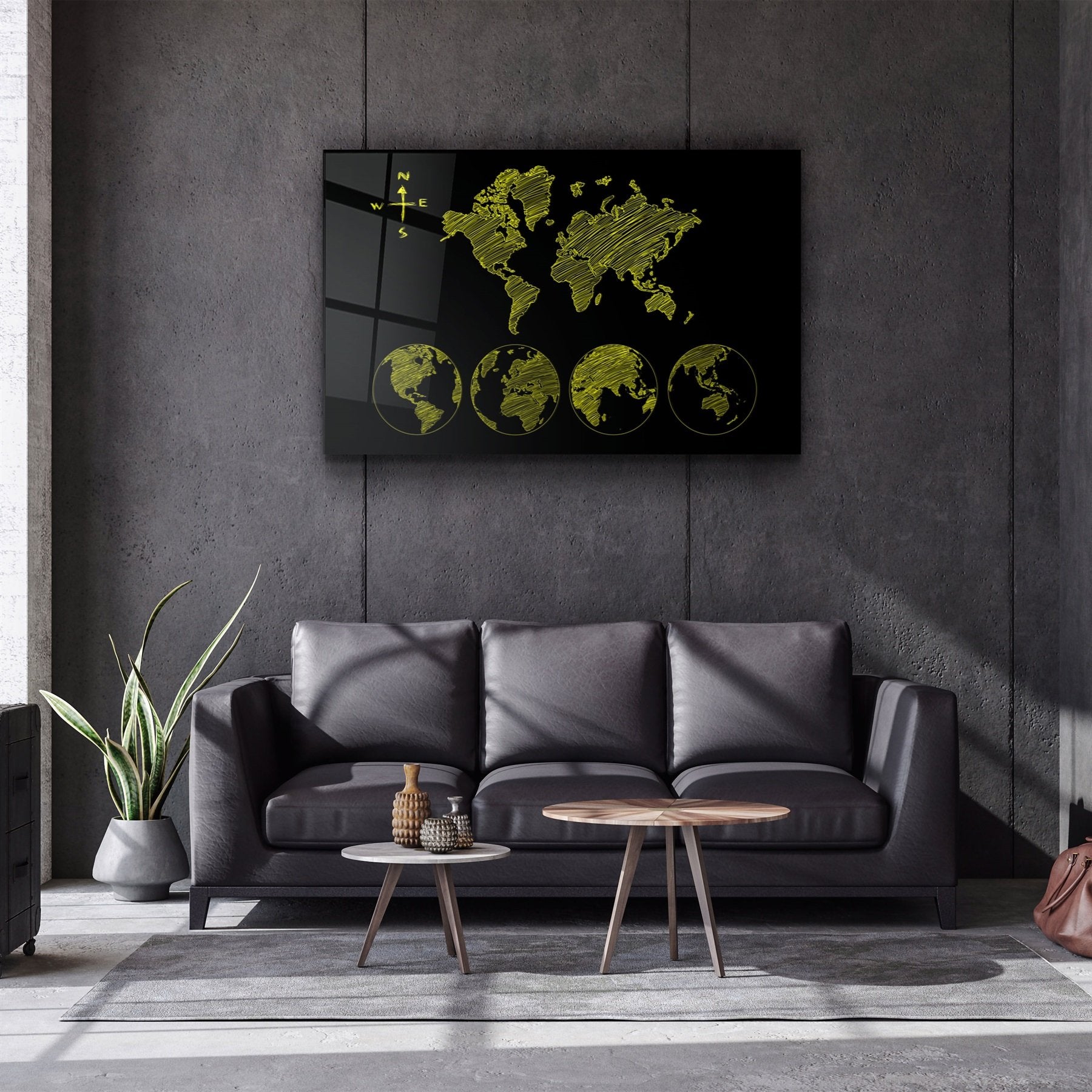 ・"World Map Black-Yellow"・Glass Wall Art