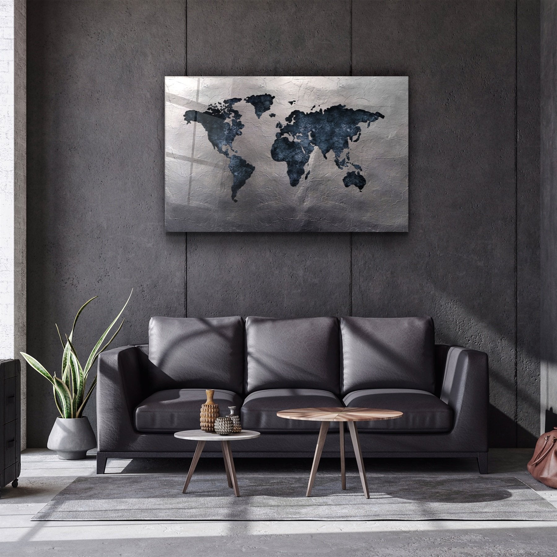 ・"World Map Blue-Silver2"・Glass Wall Art