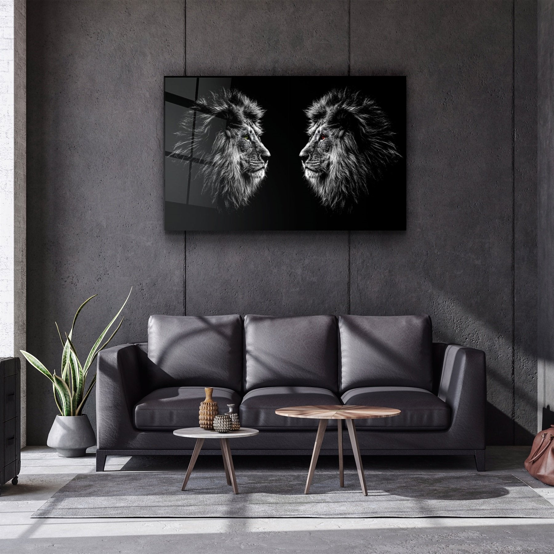 ・« Lions Confrontation BW »・Art mural en verre