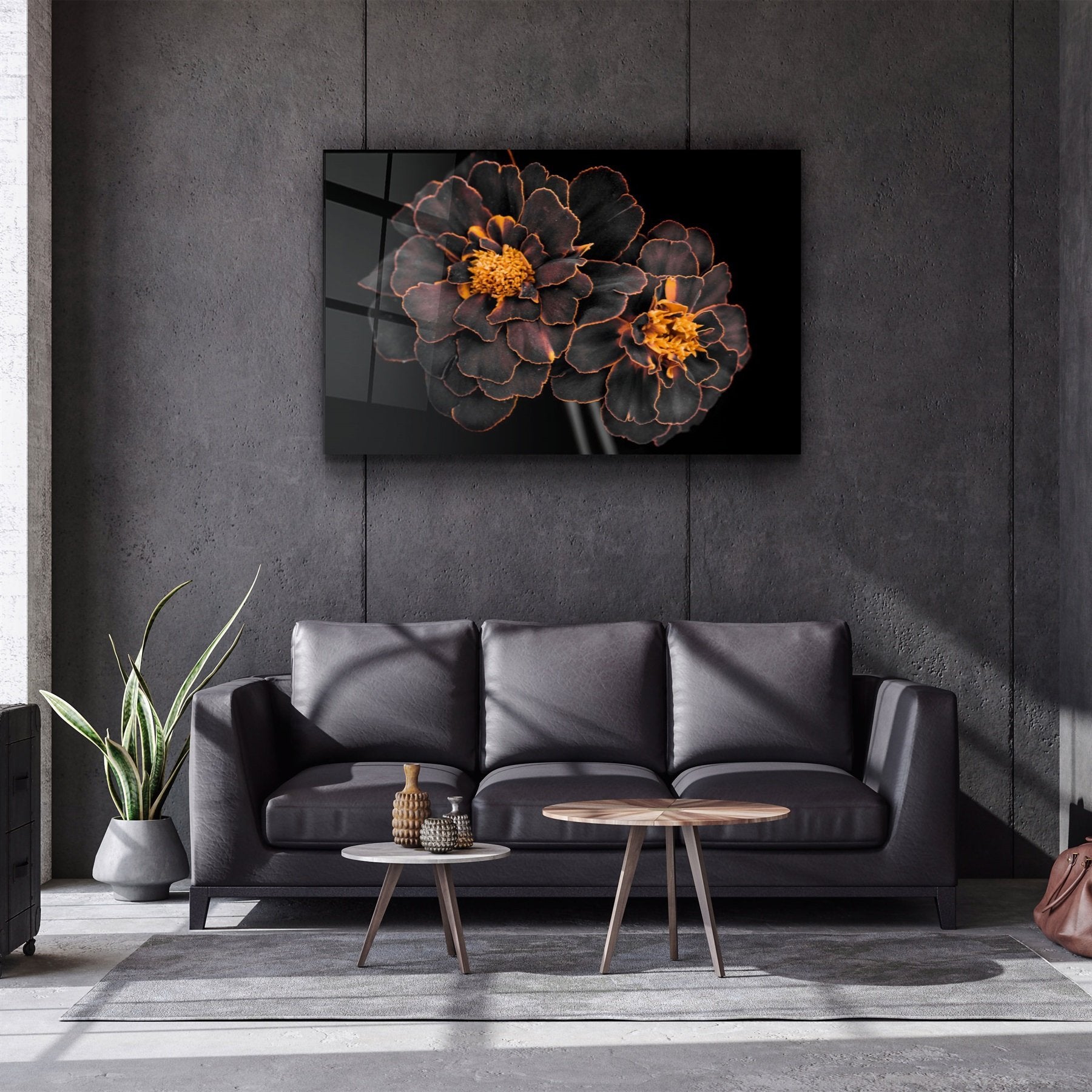 ・"Fleurs noires et jaunes"・Art mural en verre