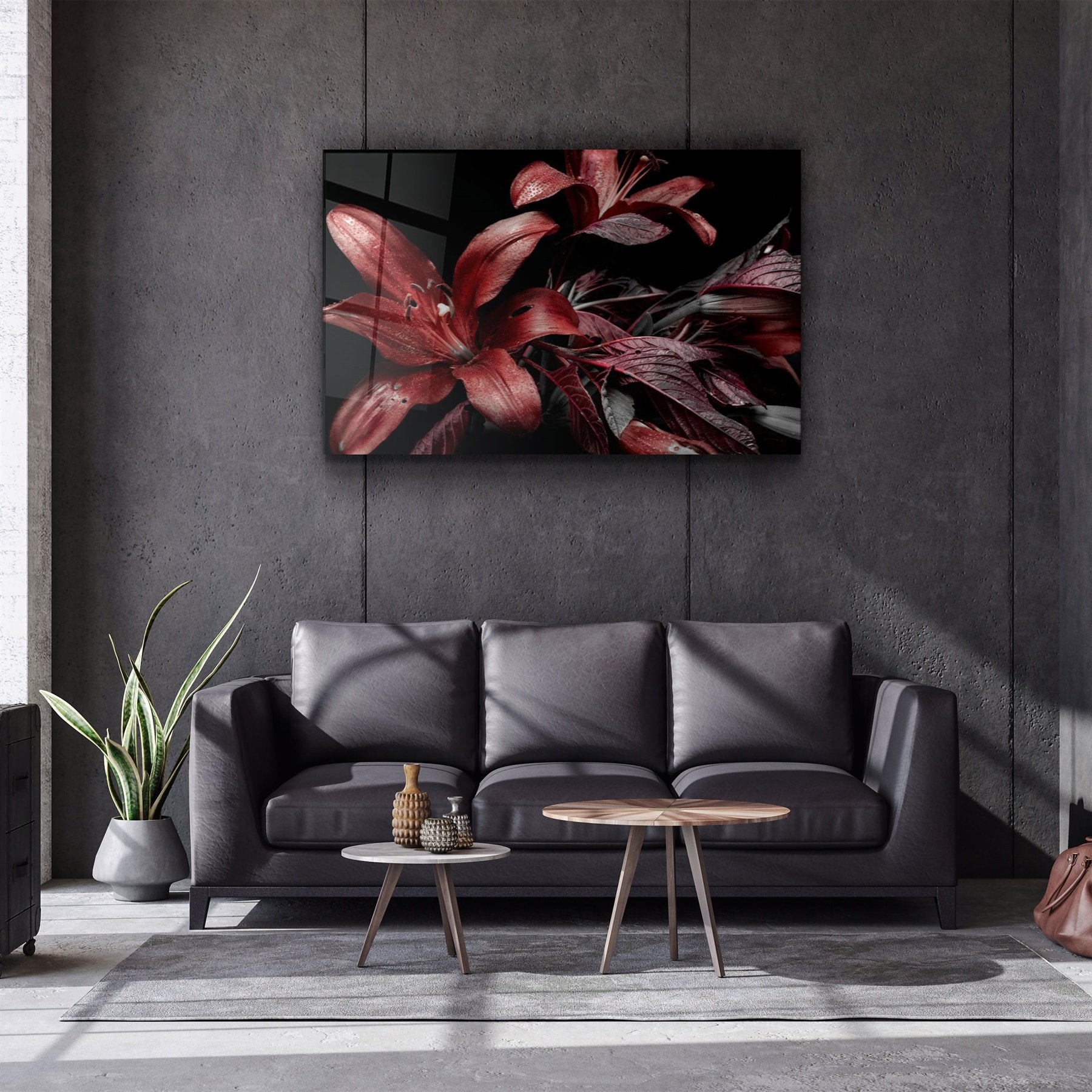 ・"Red and Black Flowers"・Glass Wall Art