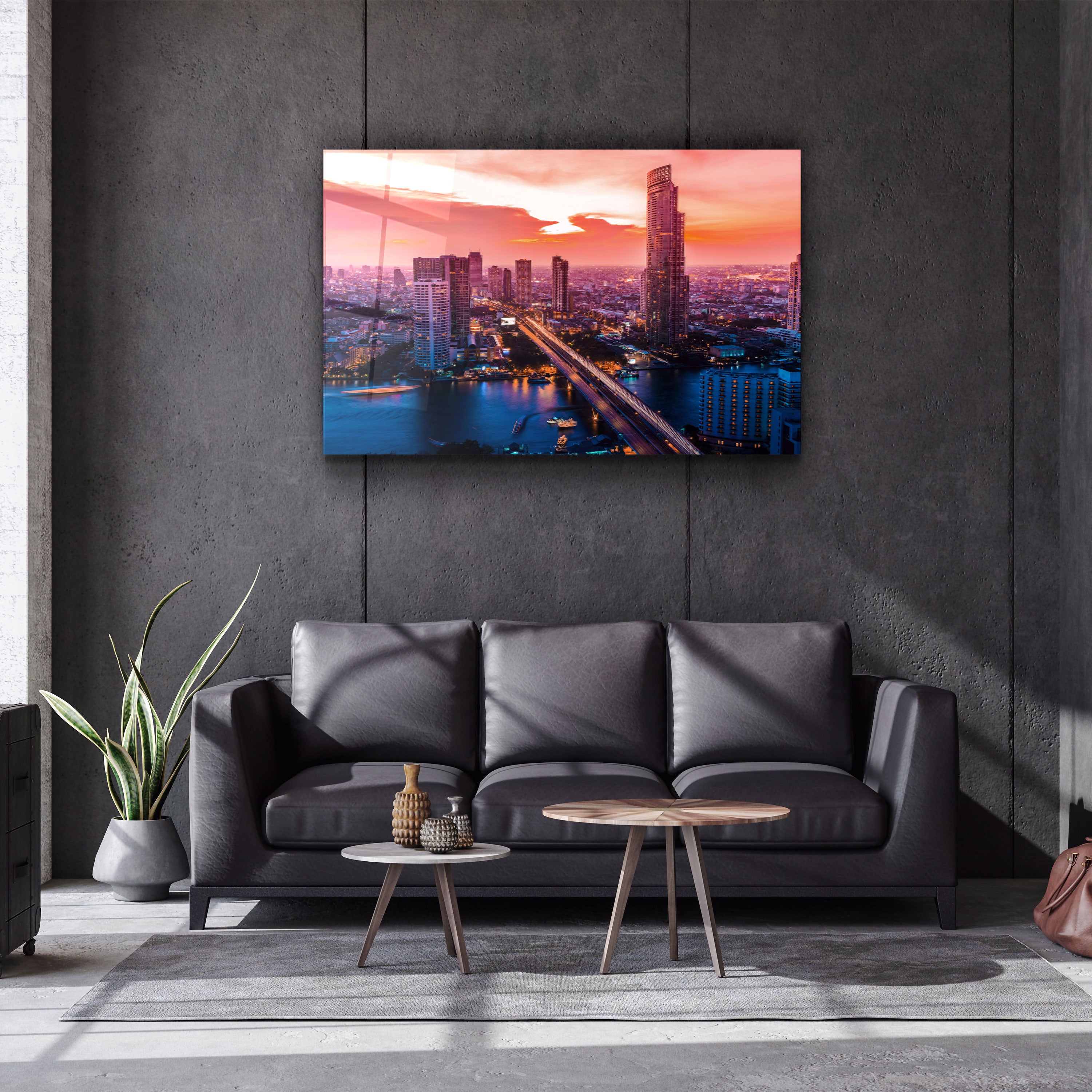 ・"Beautiful cityscape Bangkok business district and residential. In the twilight, Thailand"・Glass Wall Art