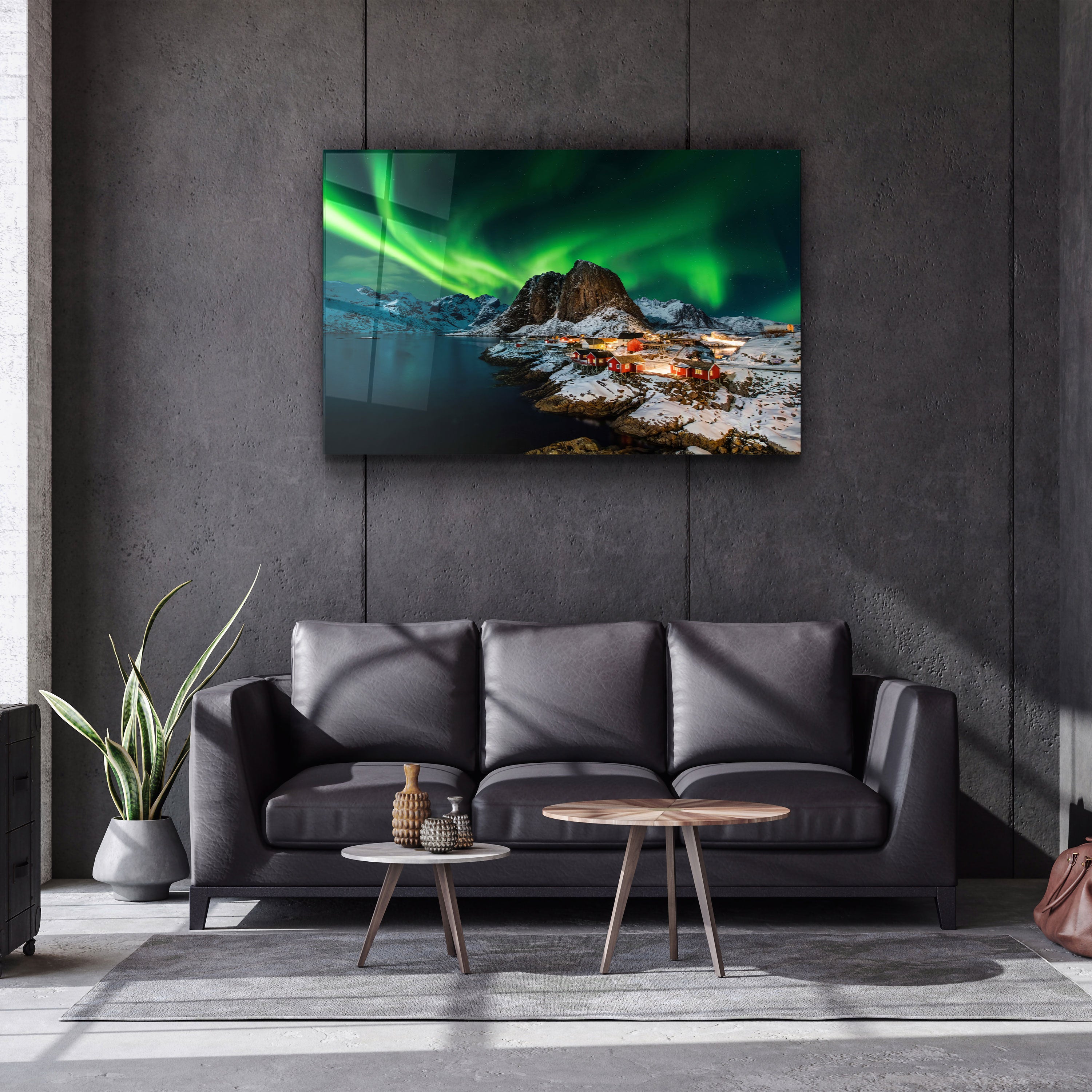 ・"Aurora borealis over Hamnoy in Norway"・Glass Wall Art