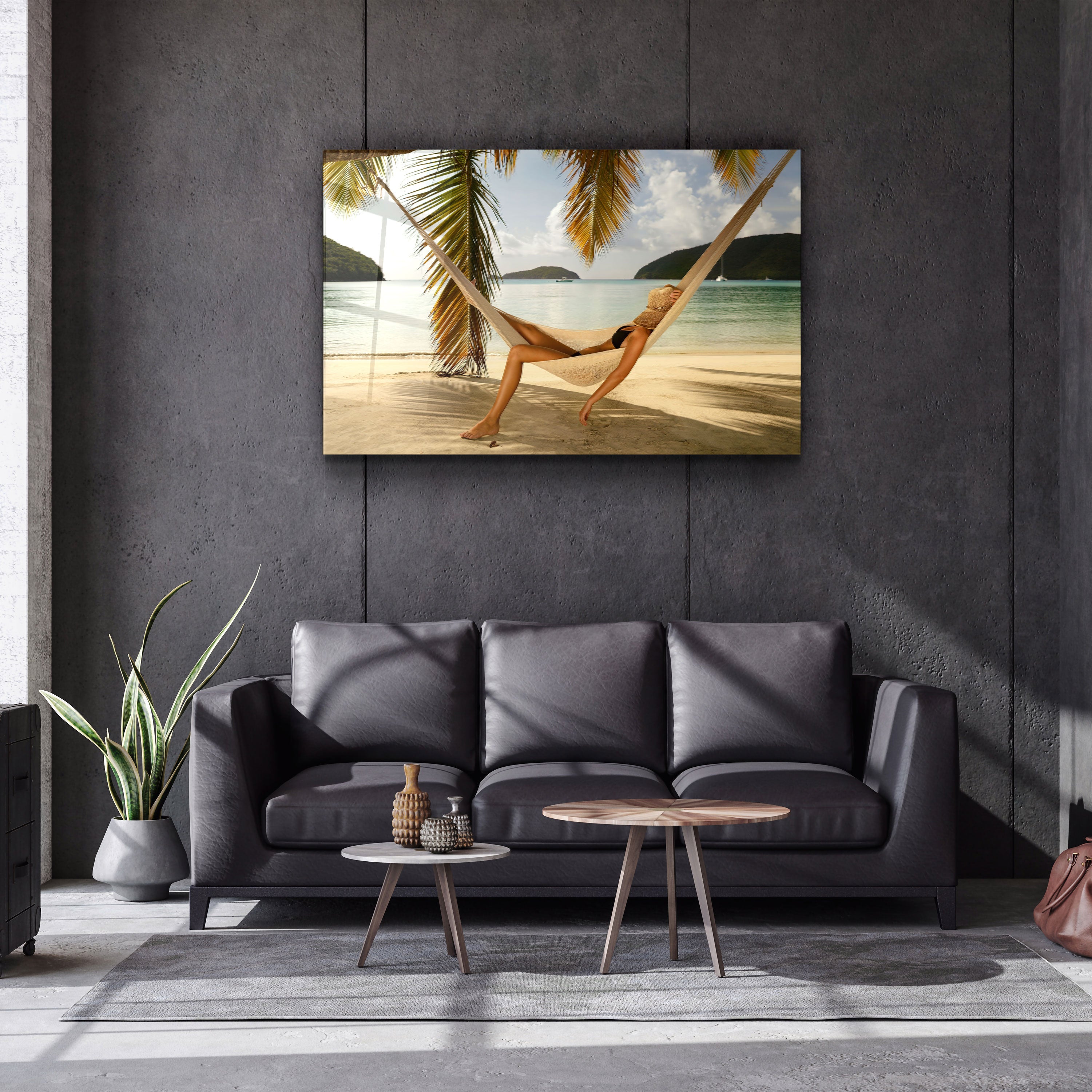 ・"Hammock Under Palm Trees"・Glass Wall Art