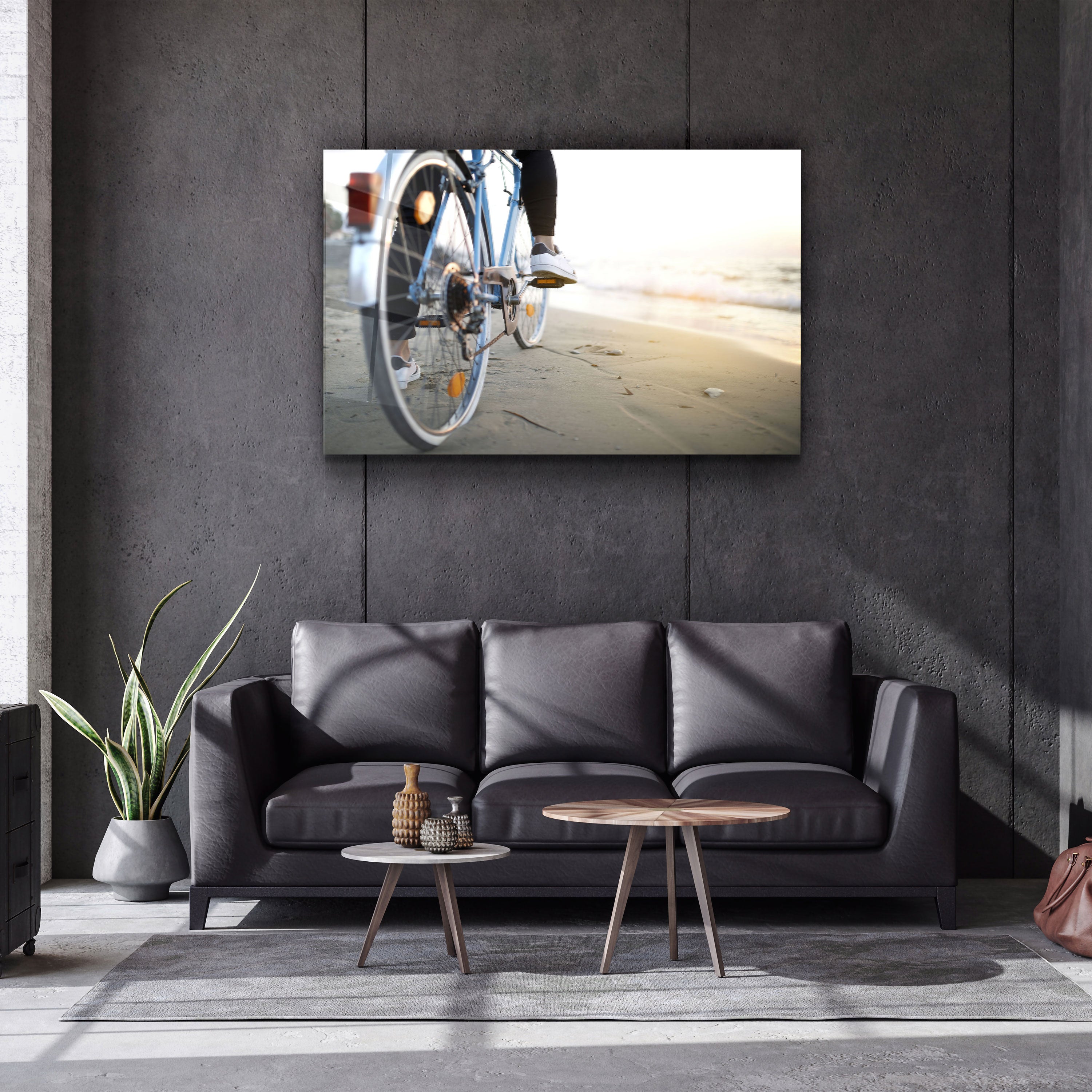 ・"Riding A Bike On The Calm Beach"・Glass Wall Art