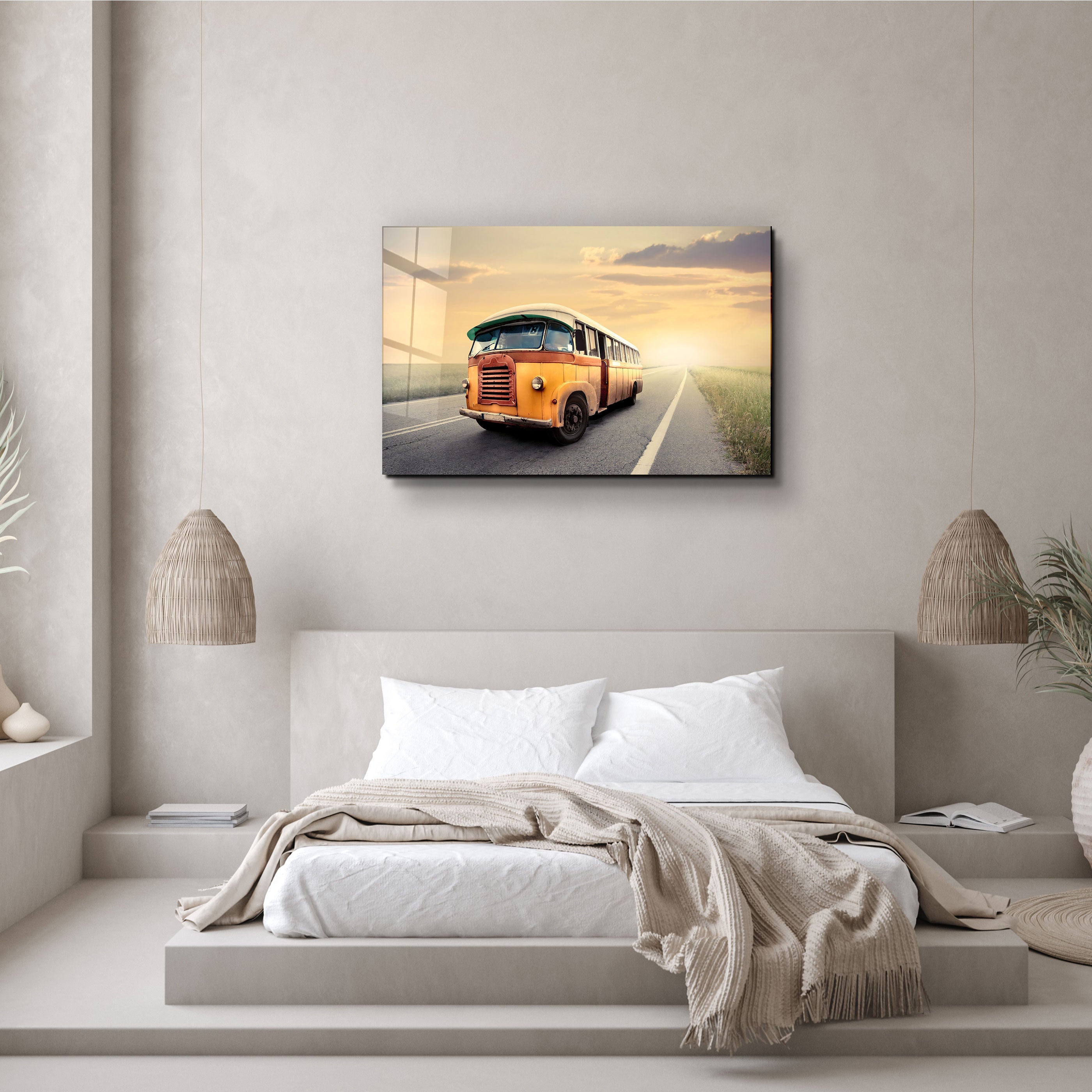 ・"Le bus vintage avec coucher de soleil"・Art mural en verre