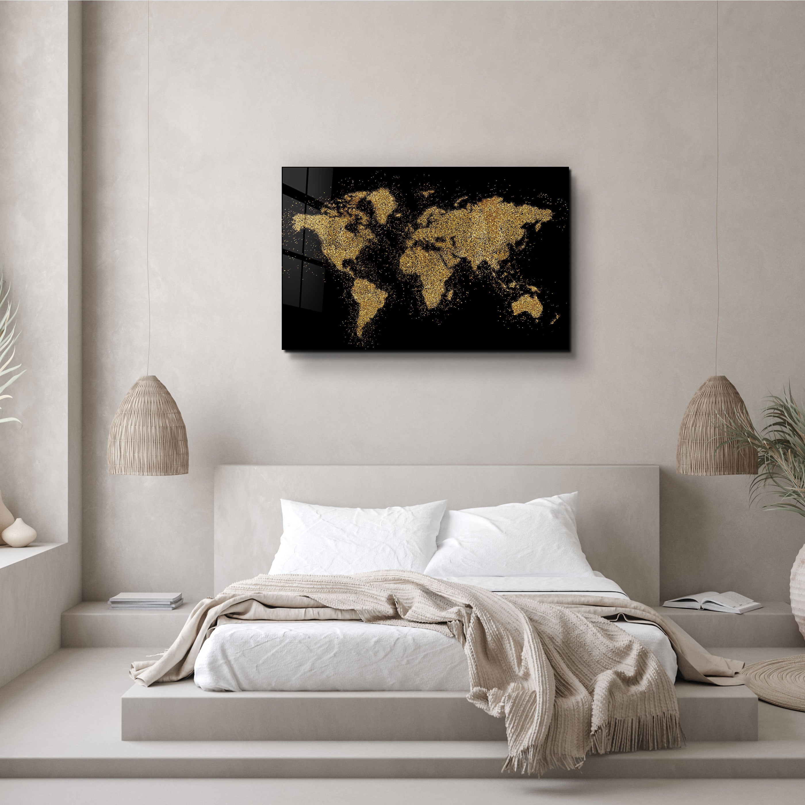 ・"World Map In Golden"・Glass Wall Art