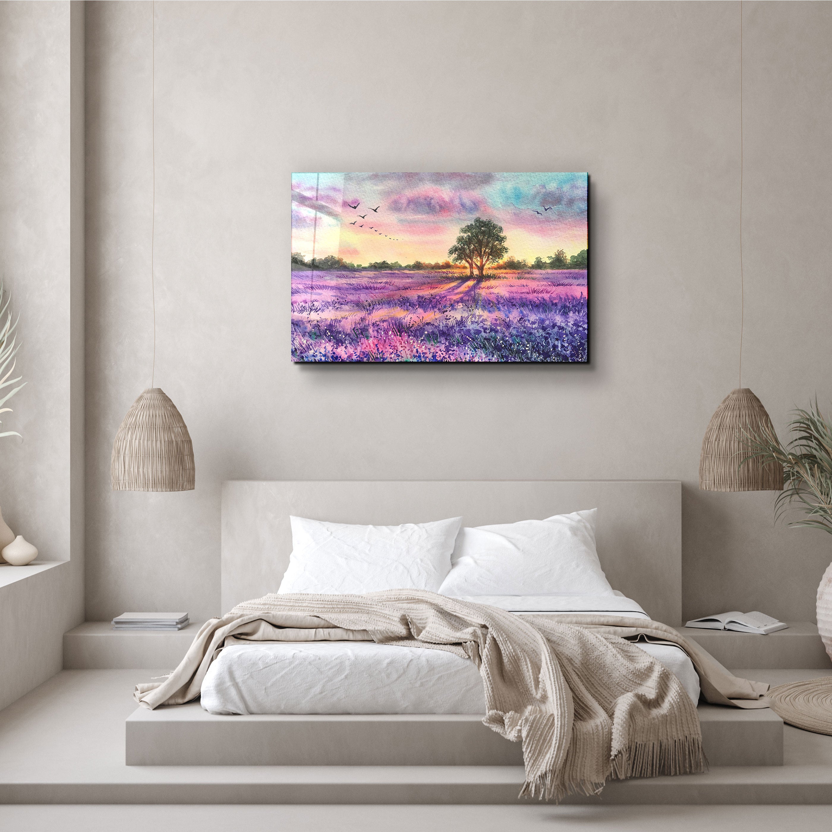 ・"Peinture de prairie au coucher du soleil"・Art mural en verre