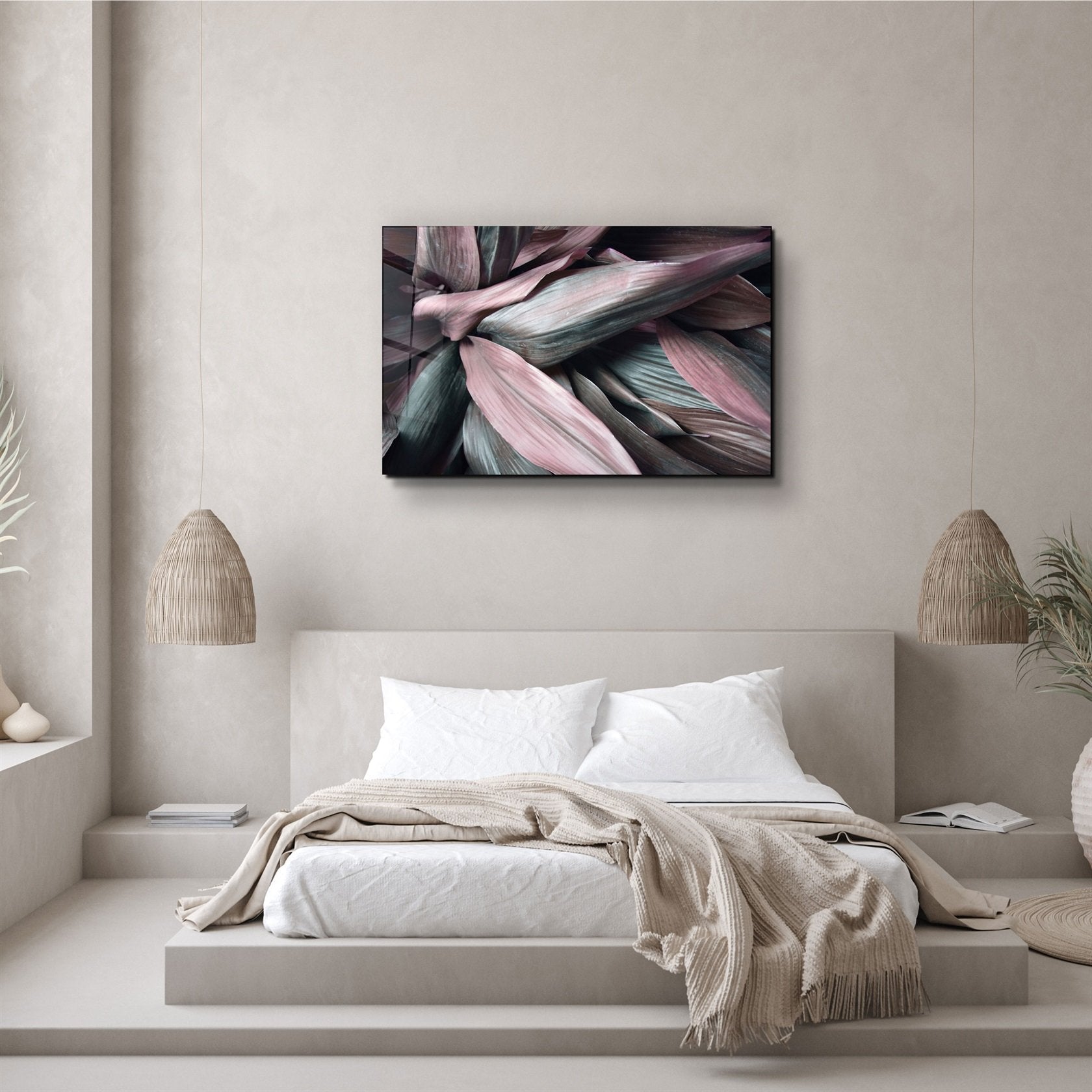 ・"Feuilles roses V2"・Art mural en verre