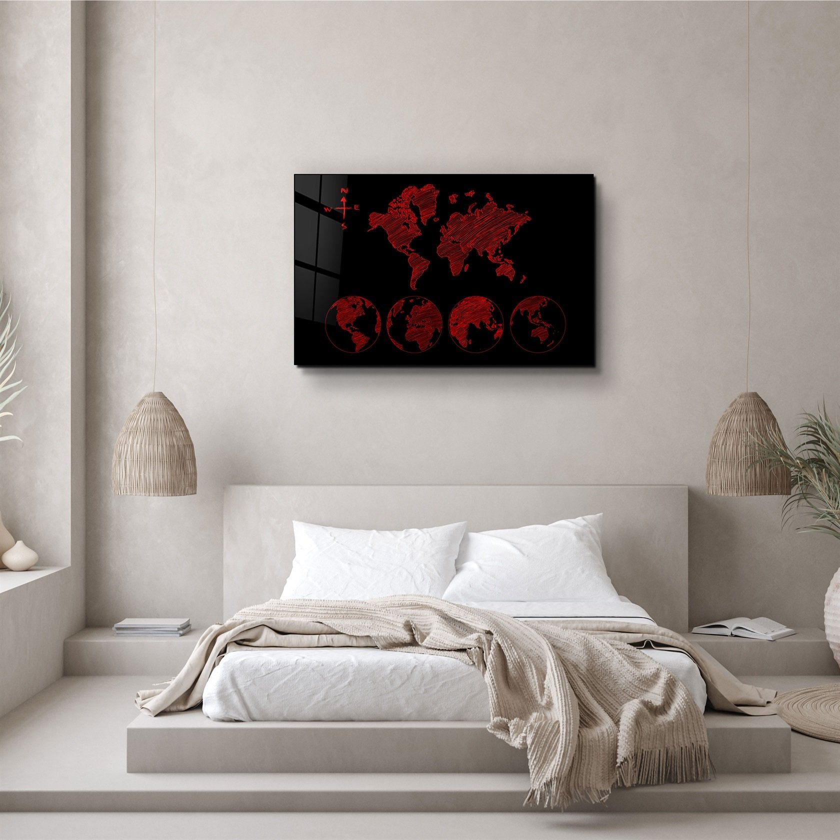 ・"World Map Black-Red"・Glass Wall Art