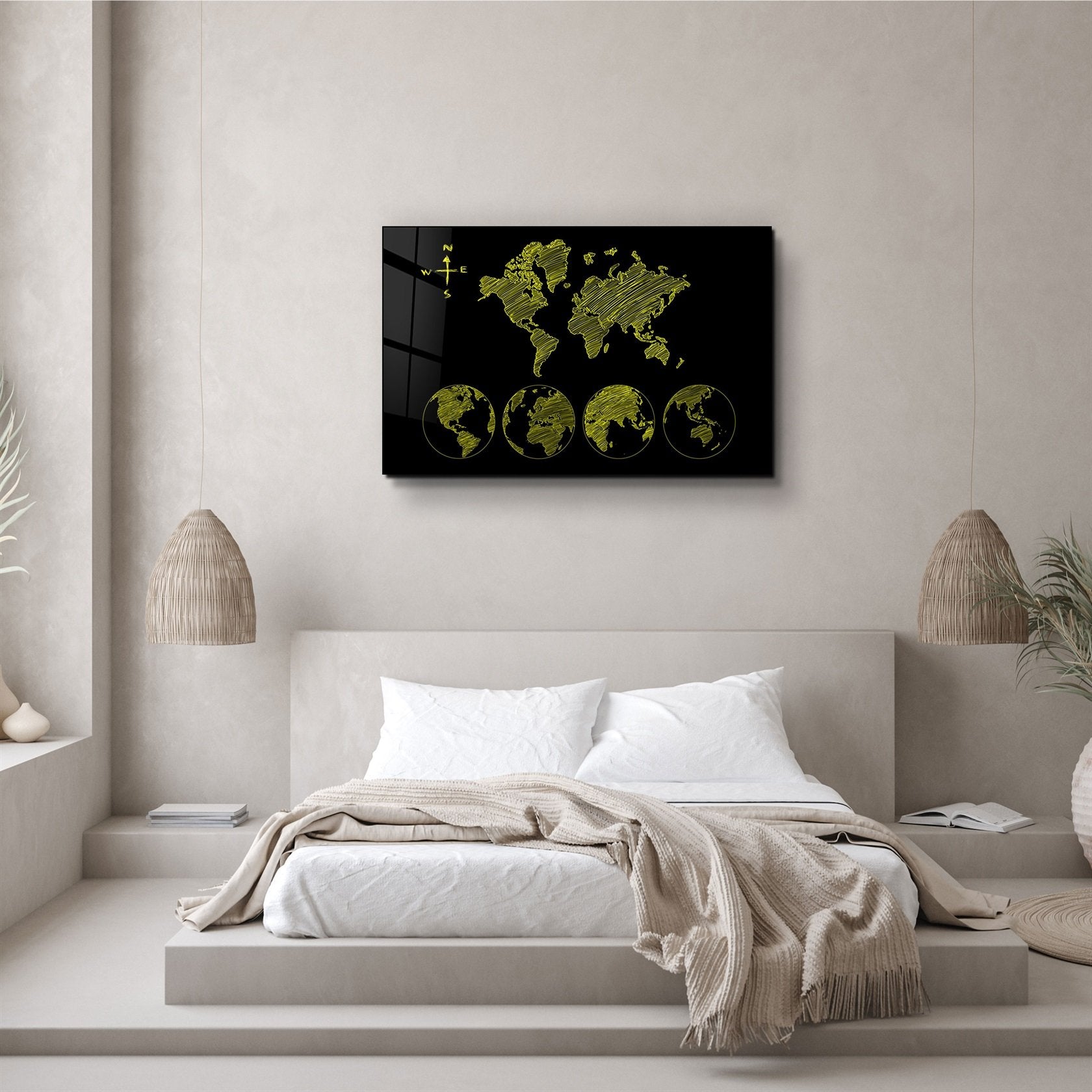 ・"World Map Black-Yellow"・Glass Wall Art