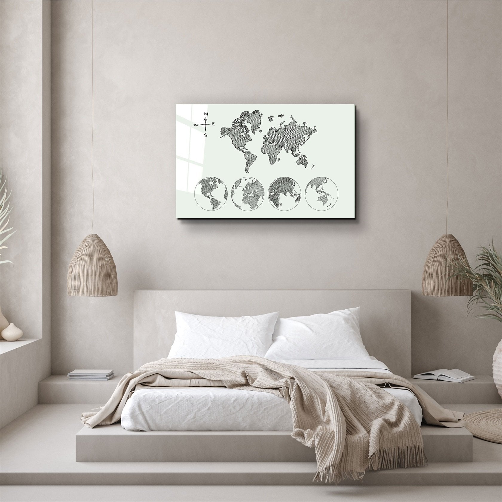 ・"World Map White-Black"・Glass Wall Art