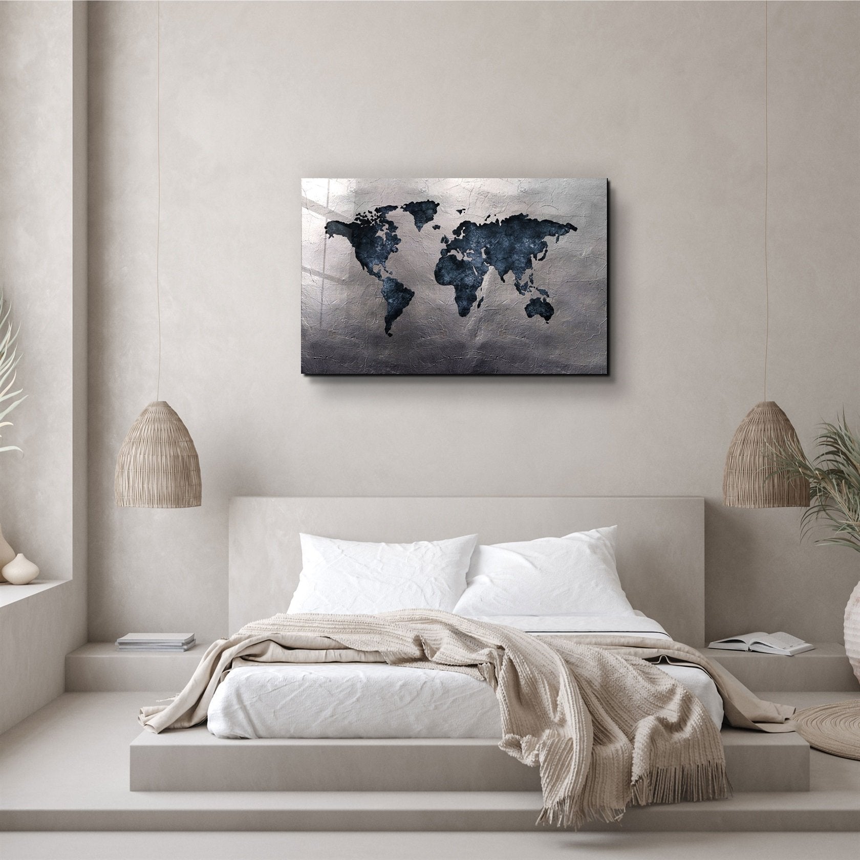 ・"World Map Blue-Silver2"・Glass Wall Art