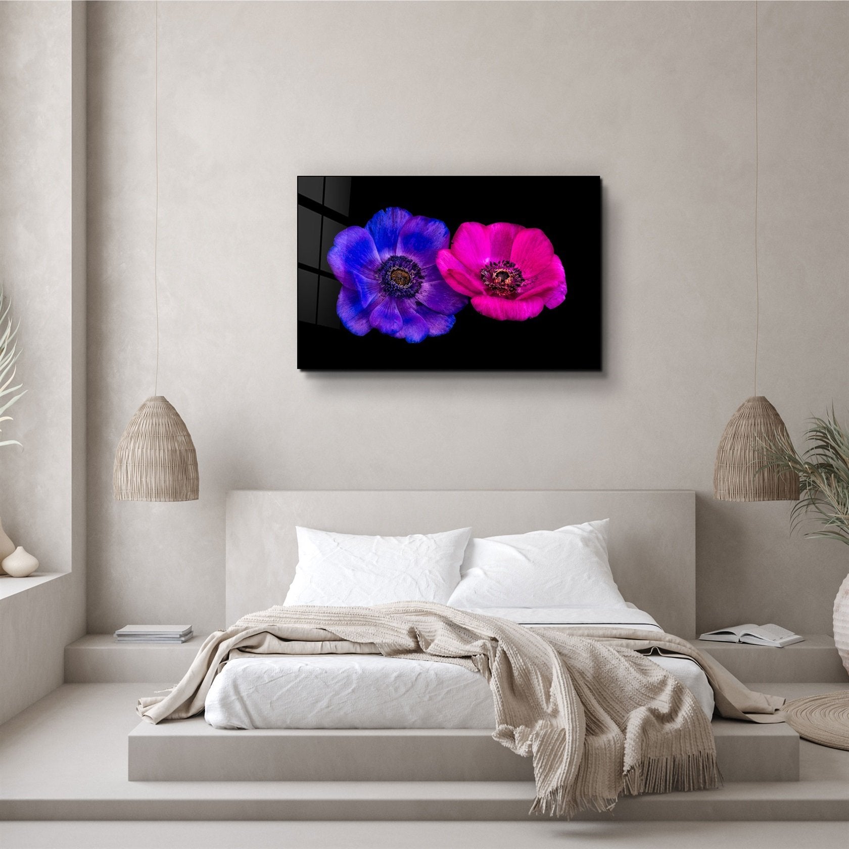 ・"Fleurs bleues et roses"・Art mural en verre