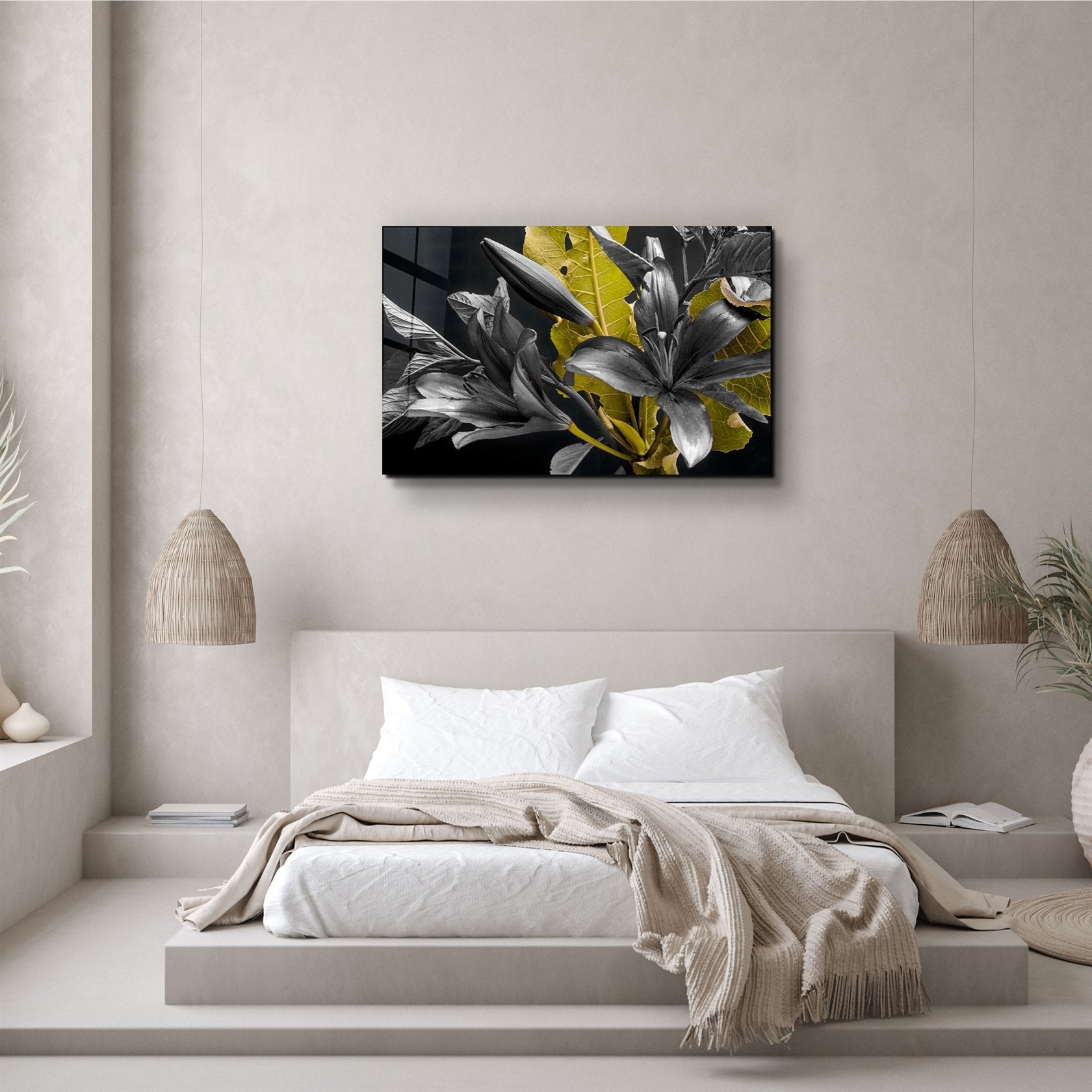 ・"Yellow and Black Flowers"・Glass Wall Art