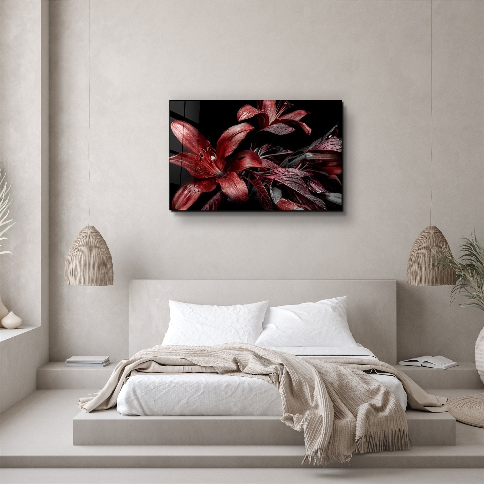 ・"Red and Black Flowers"・Glass Wall Art