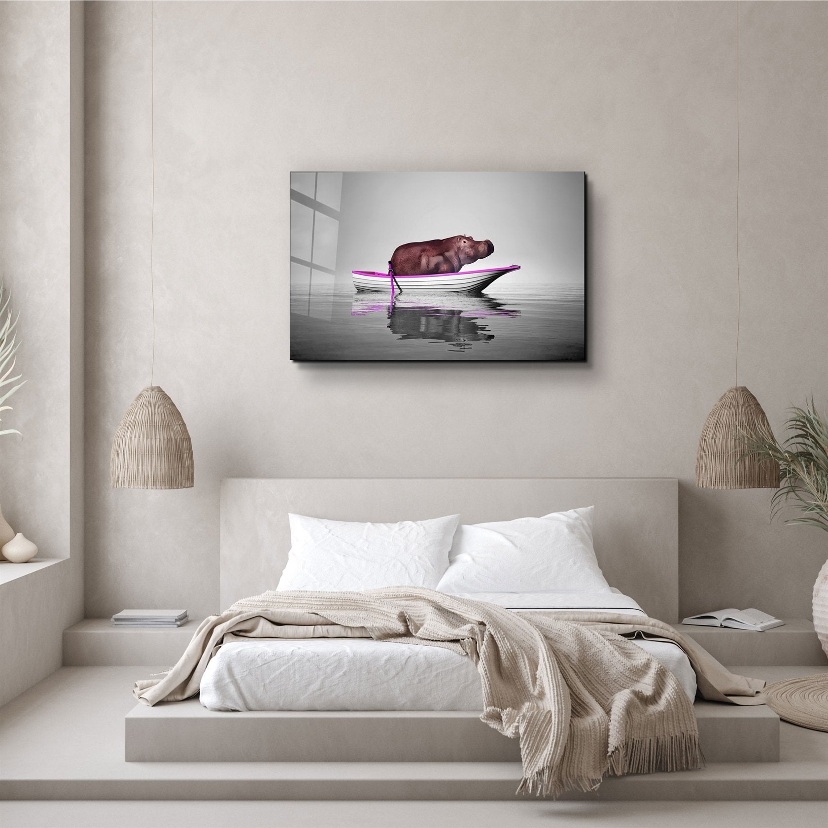 ・"Hippo on the Boat 2"・Glass Wall Art
