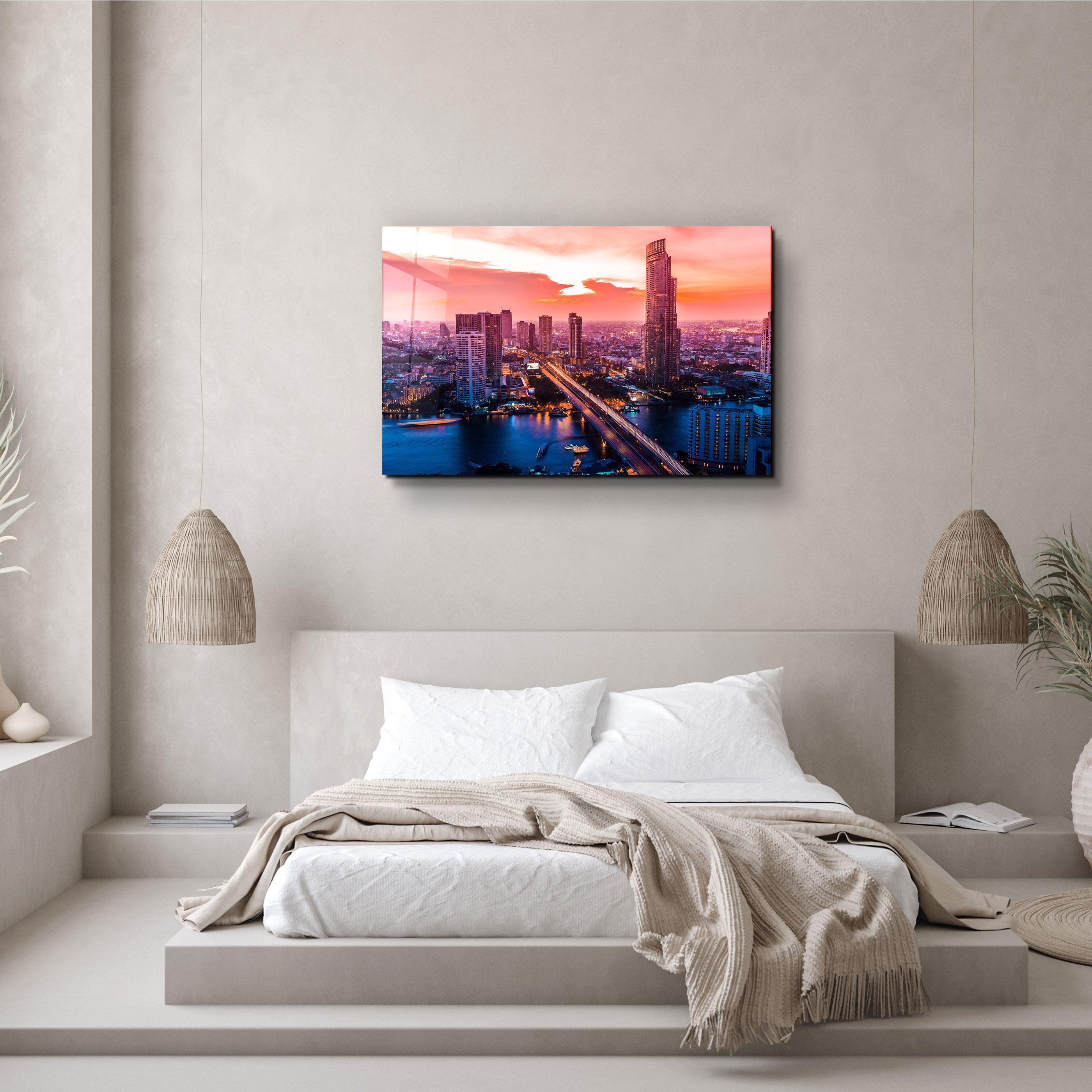 ・"Beautiful cityscape Bangkok business district and residential. In the twilight, Thailand"・Glass Wall Art