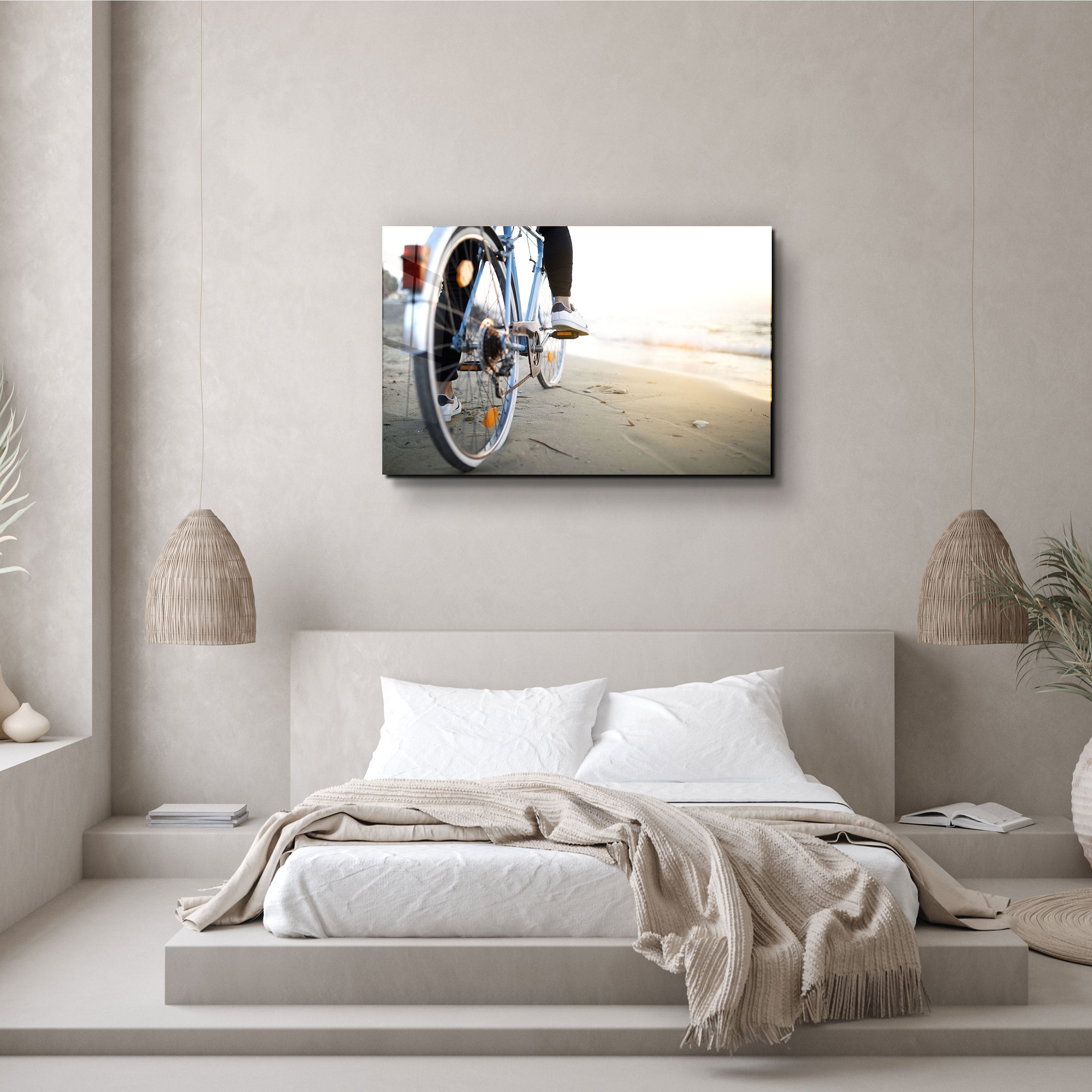 ・„Fahrradfahren am ruhigen Strand“・<tc>Glasbild</tc>