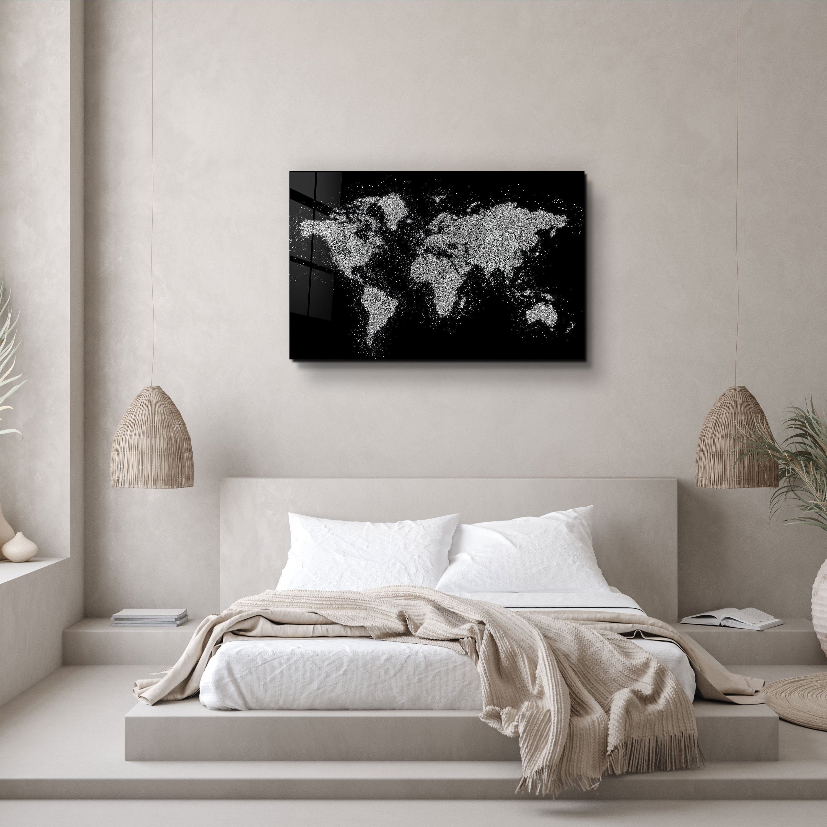 ・"World Map In Silver"・Glass Wall Art