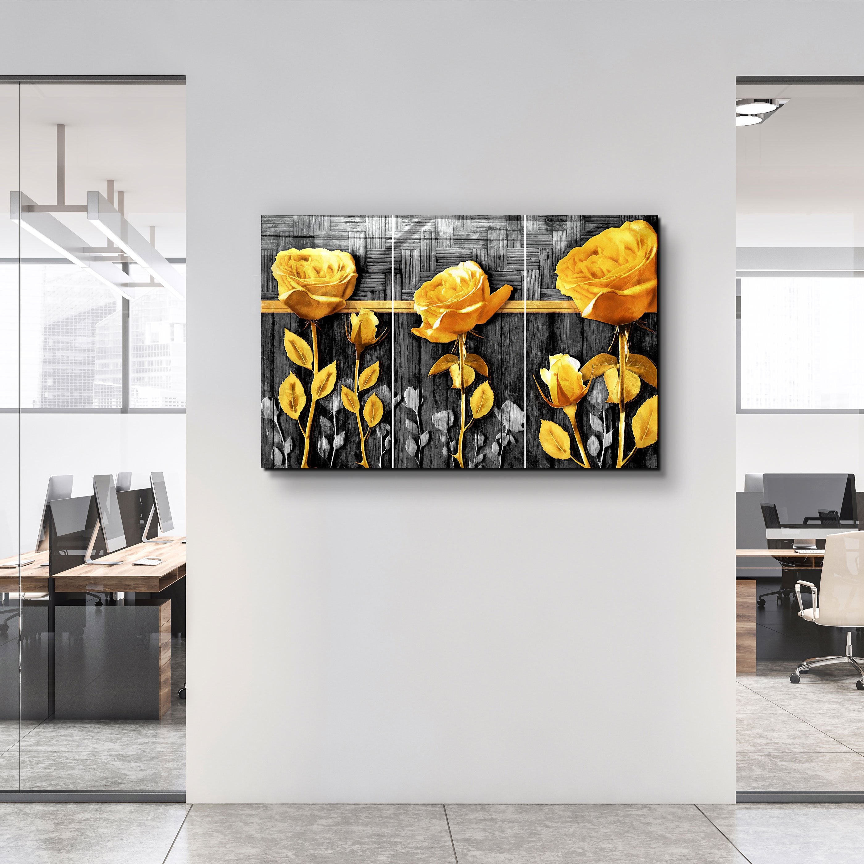 ・"Yellow Flowers"・Glass Wall Art