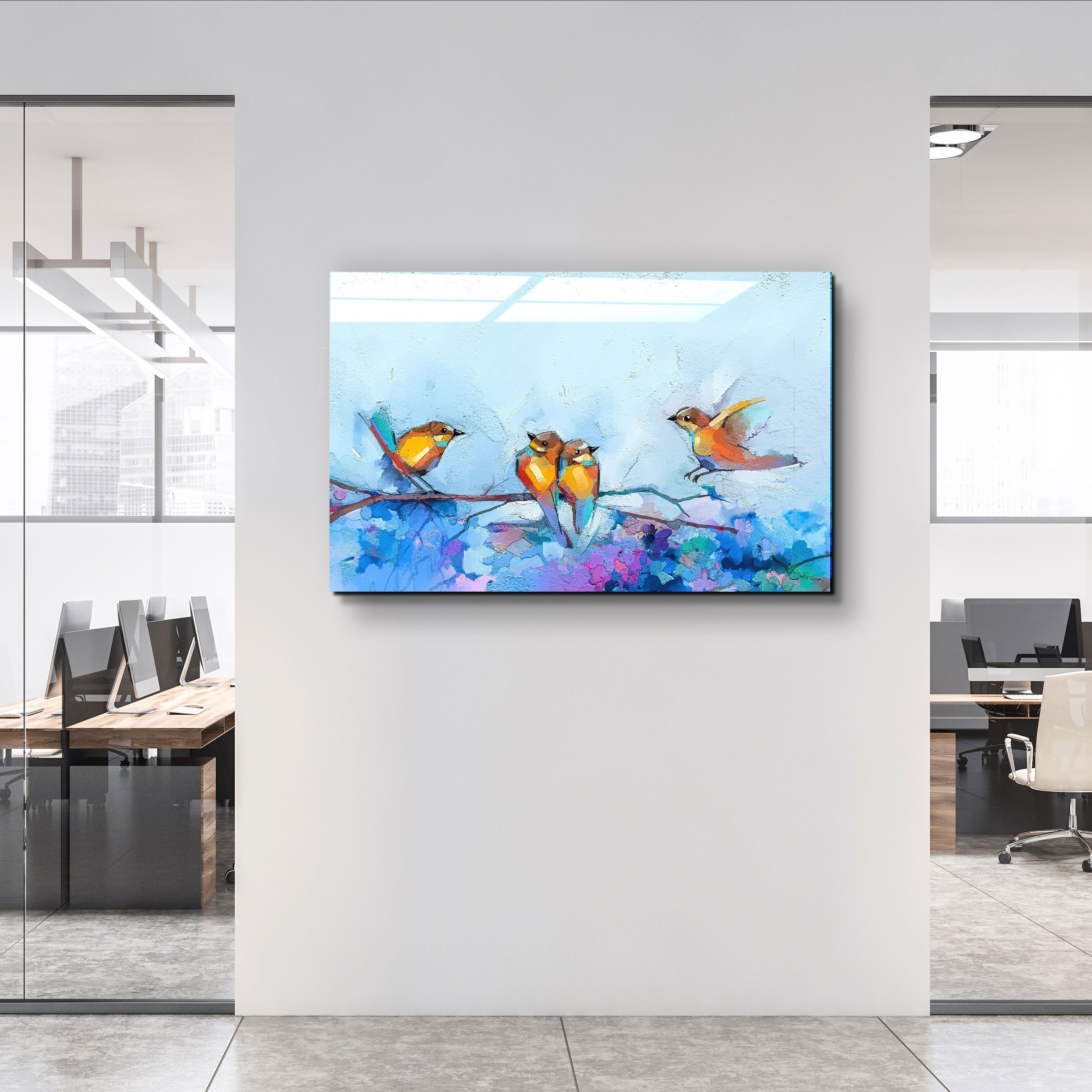 ・"Birds With Flower Painting"・Glass Wall Art