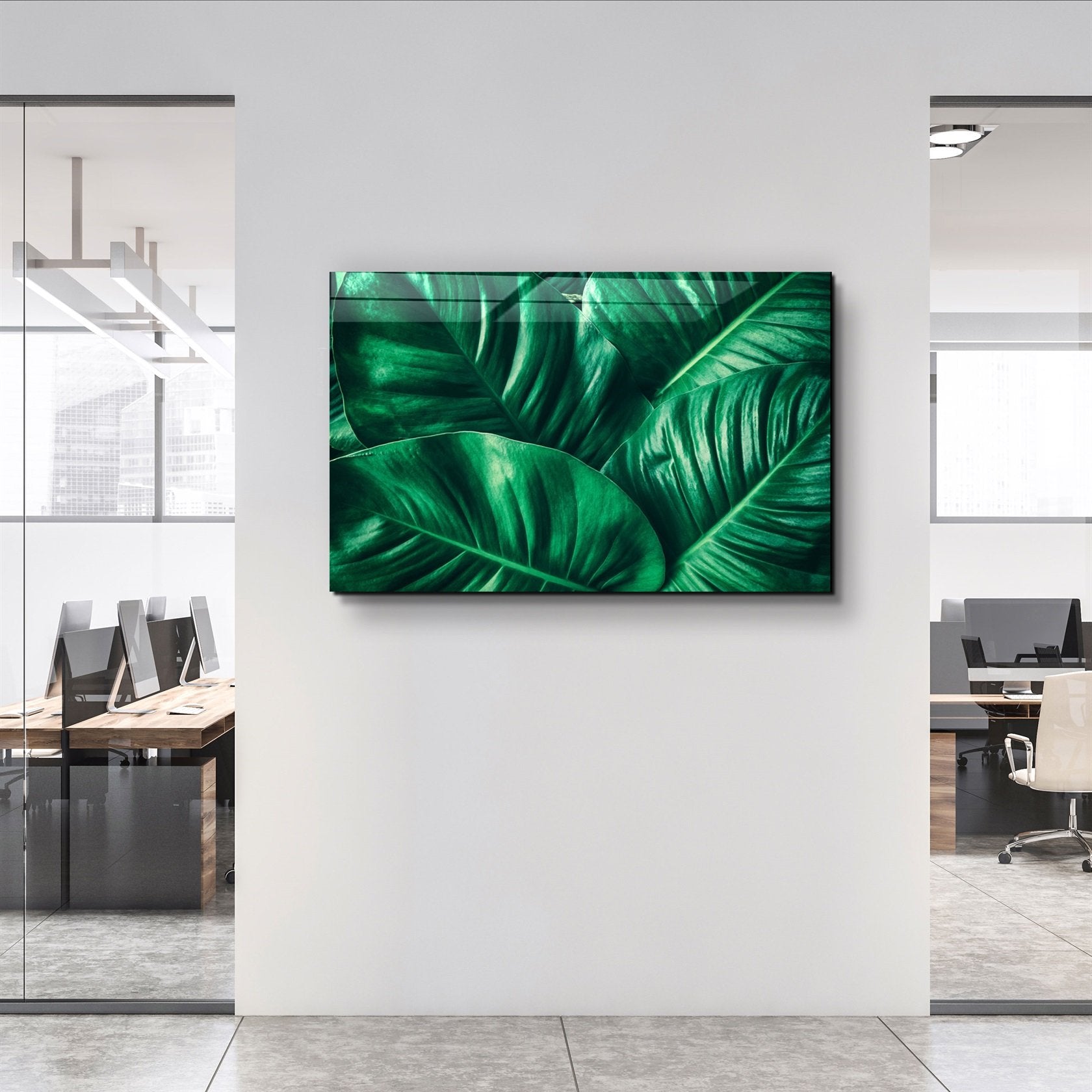 ・"Feuille tropicale verte"・Art mural en verre