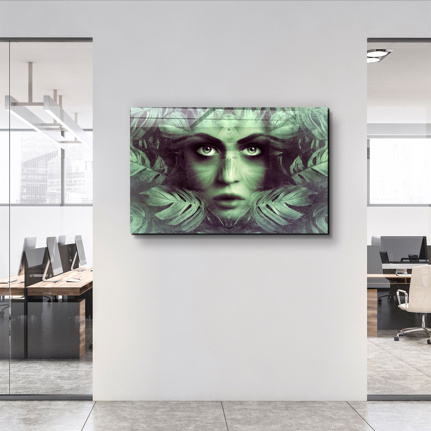 ・"Tropical Leaf and Woman Portrait"・Glass Wall Art