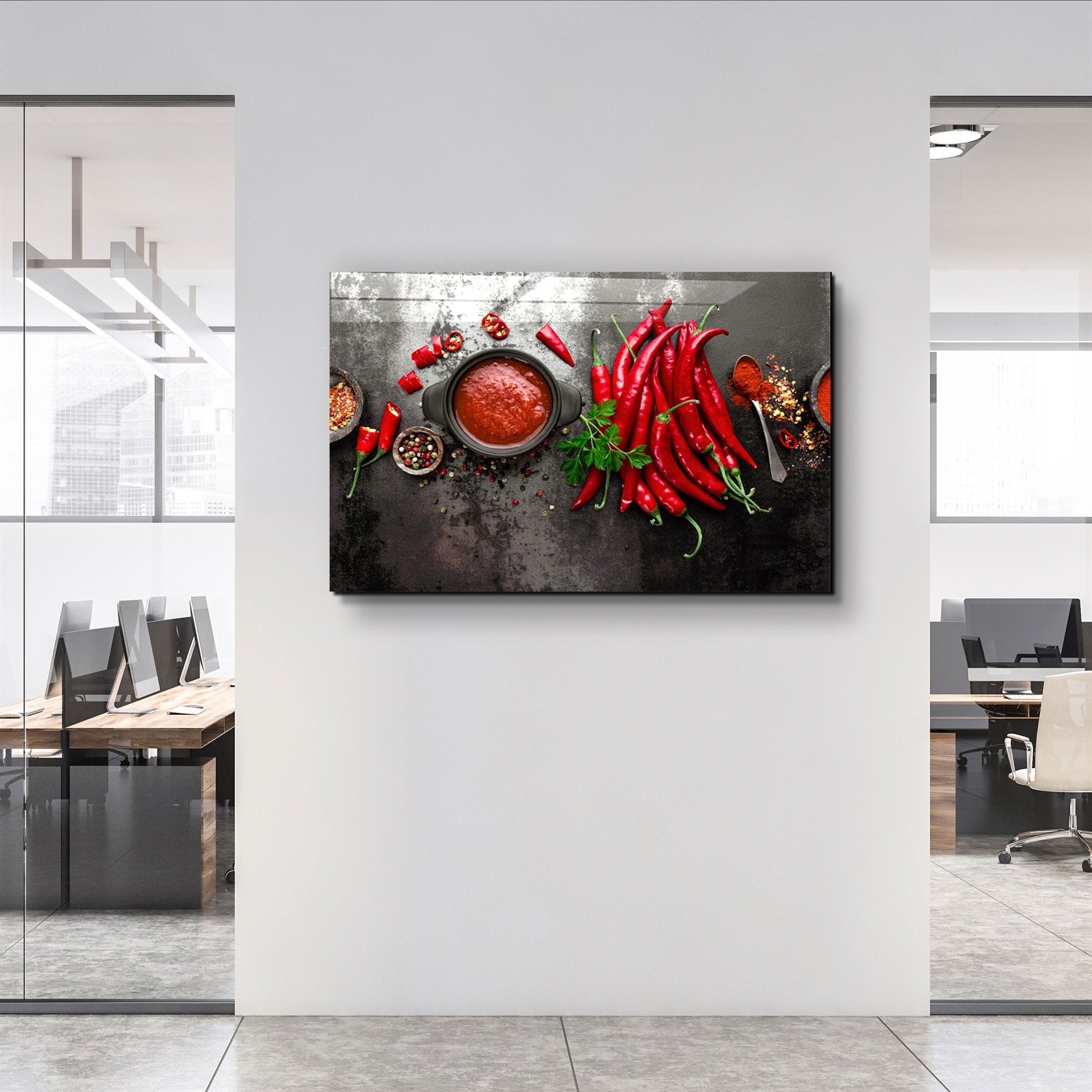 ・"Red Peppers and Sauce"・Glass Wall Art