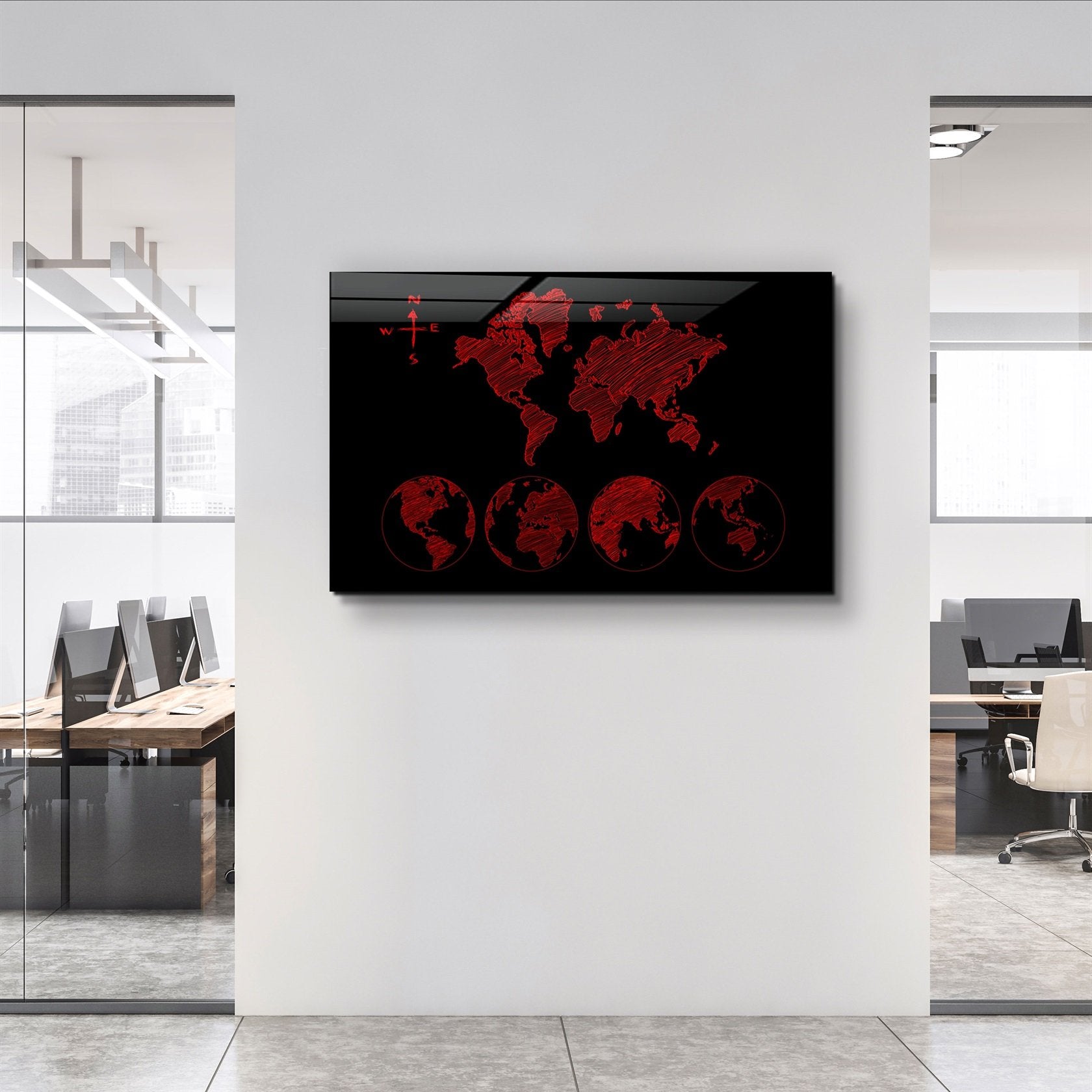 ・"World Map Black-Red"・Glass Wall Art