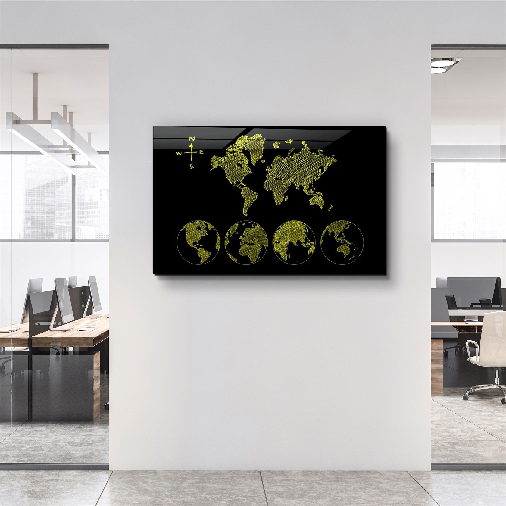 ・"World Map Black-Yellow"・Glass Wall Art