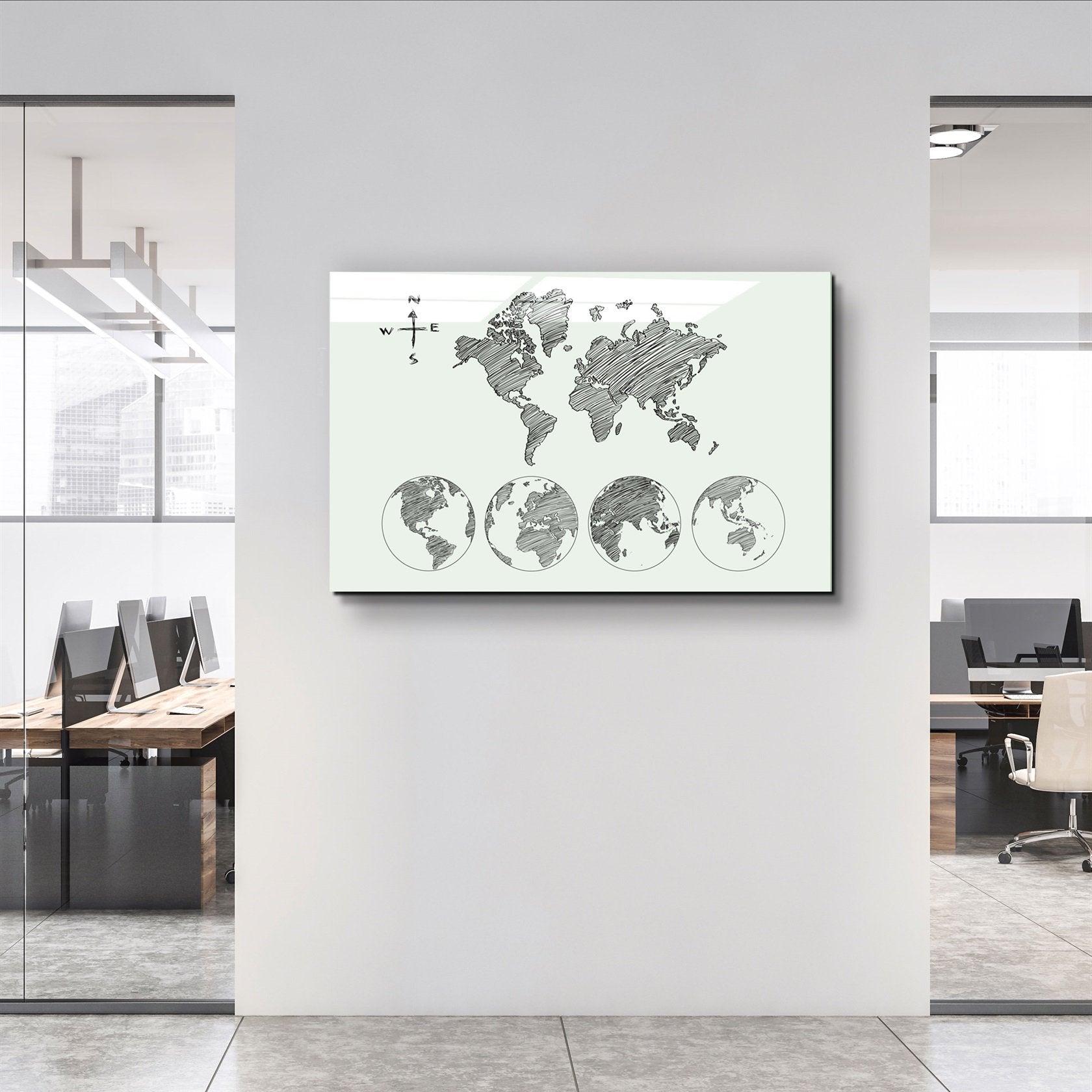 ・"World Map White-Black"・Glass Wall Art