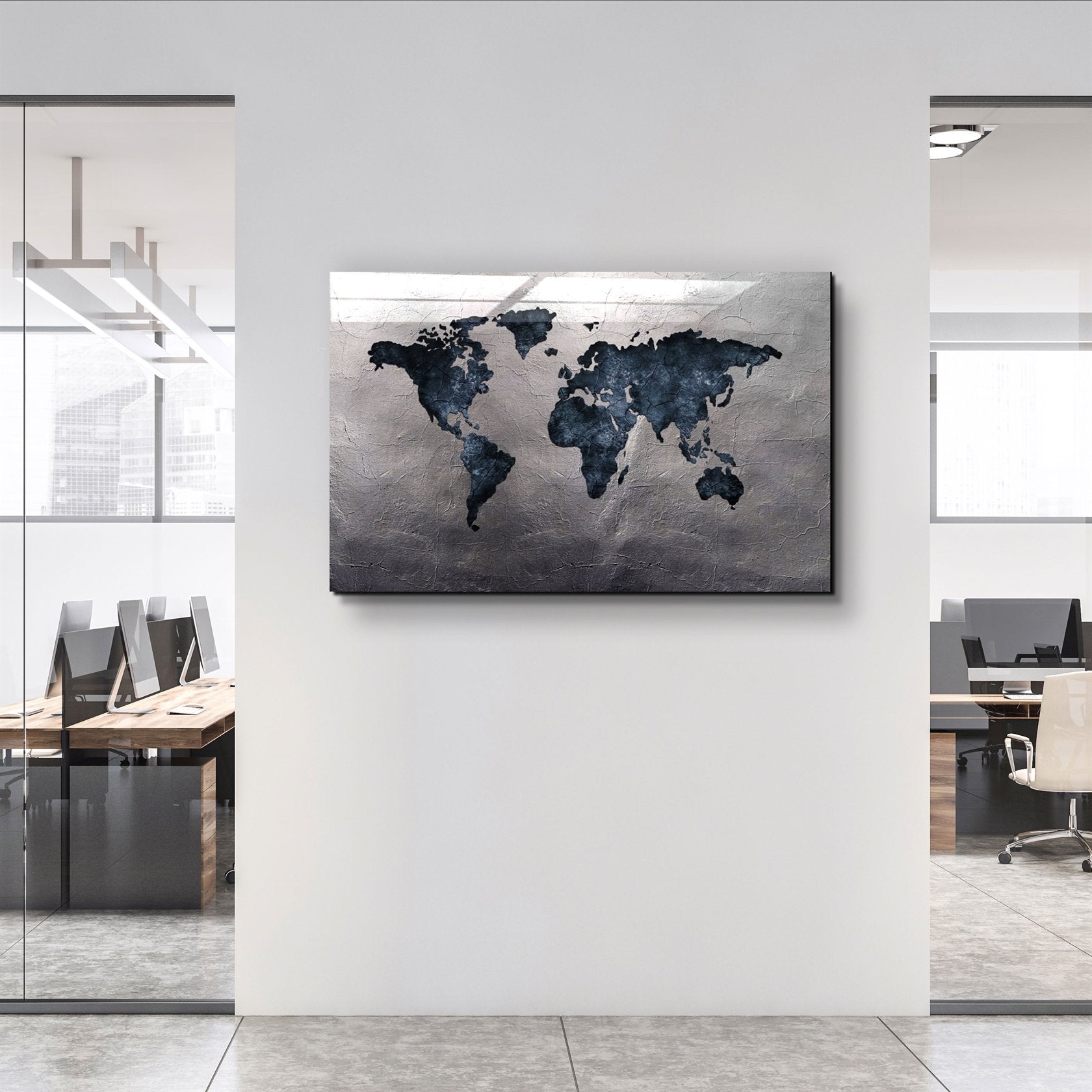 ・"World Map Blue-Silver2"・Glass Wall Art