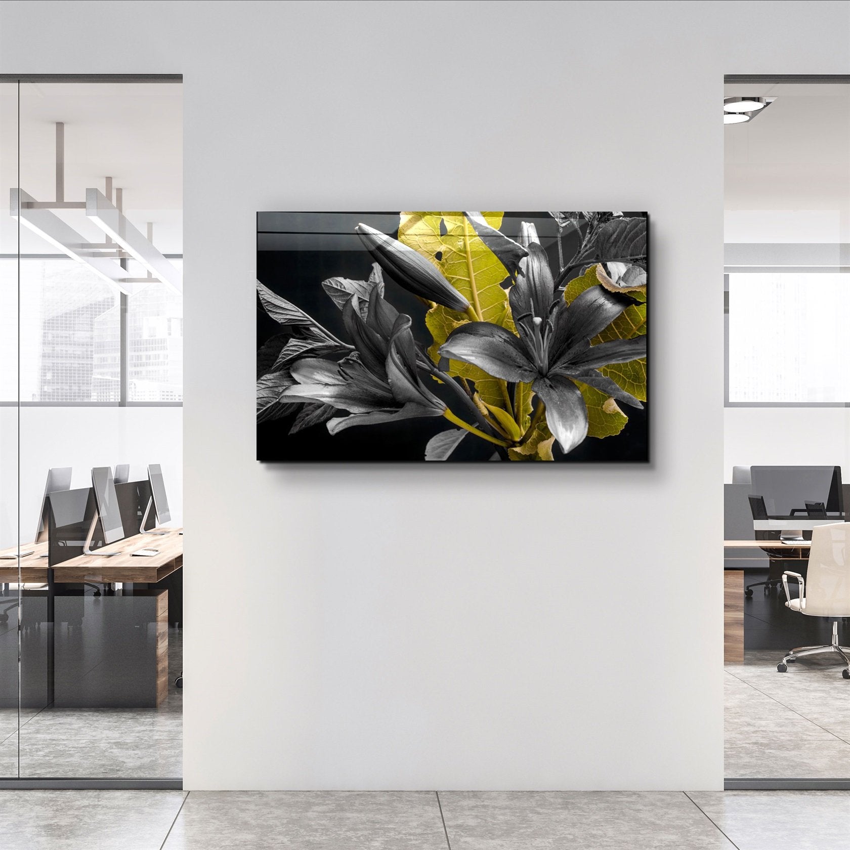・"Yellow and Black Flowers"・Glass Wall Art