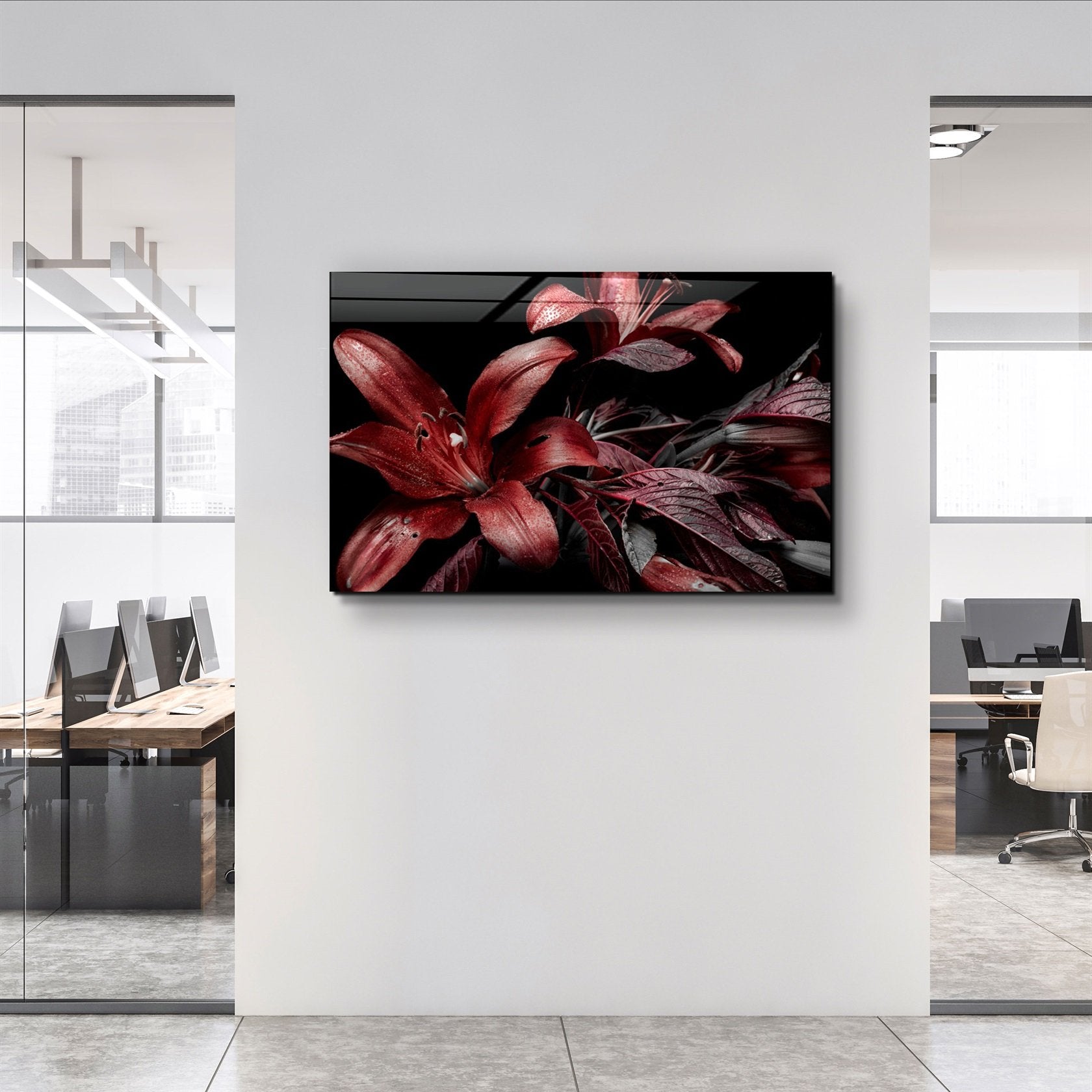 ・"Fleurs rouges et noires"・Art mural en verre