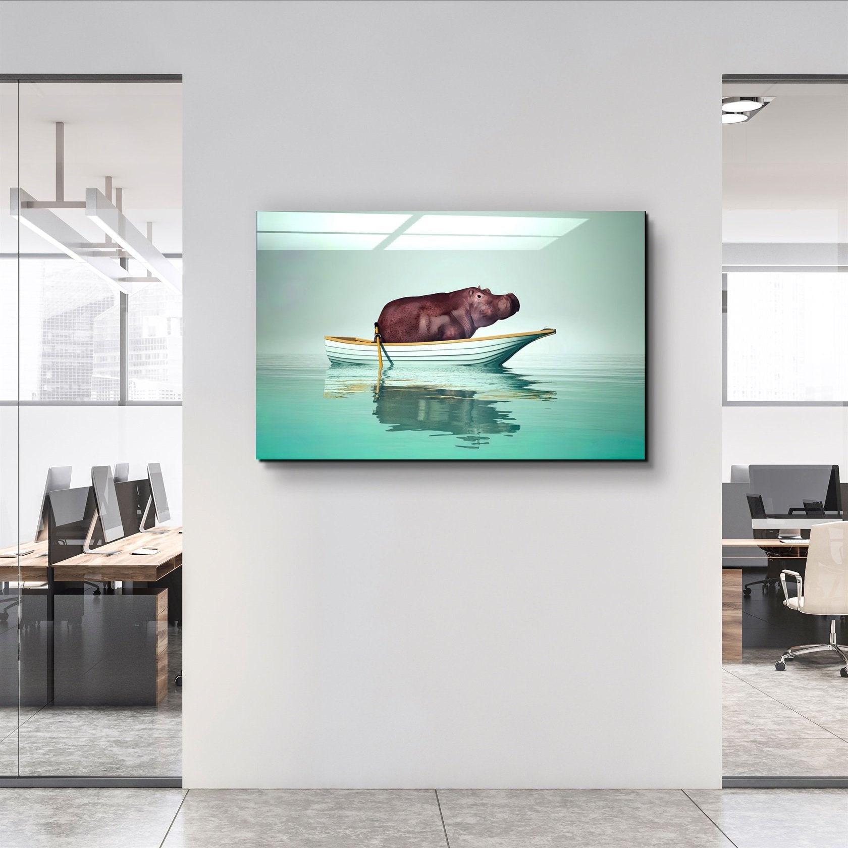 ・"Hippo on the Boat 1"・Glass Wall Art