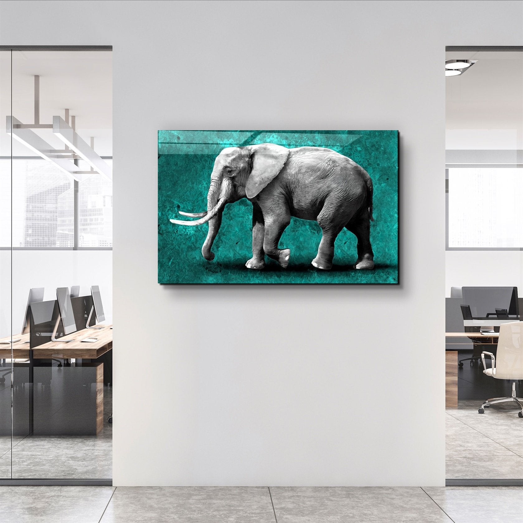 ・« Éléphant vert »・Art mural en verre