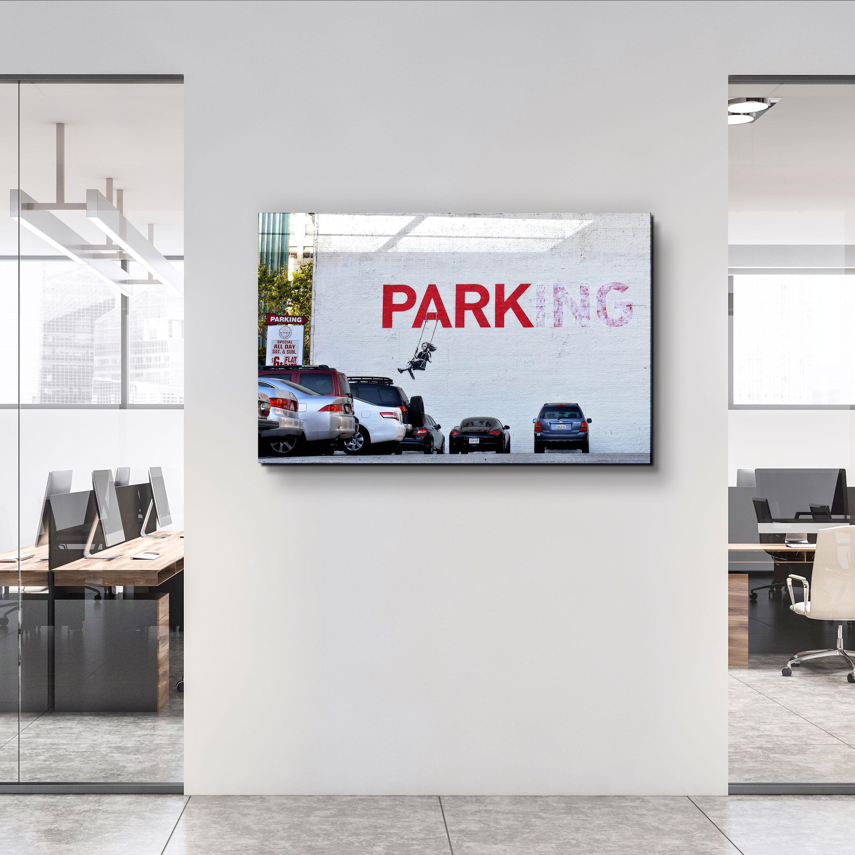 ・"Banksy - Parking"・Art mural en verre de la collection du designer