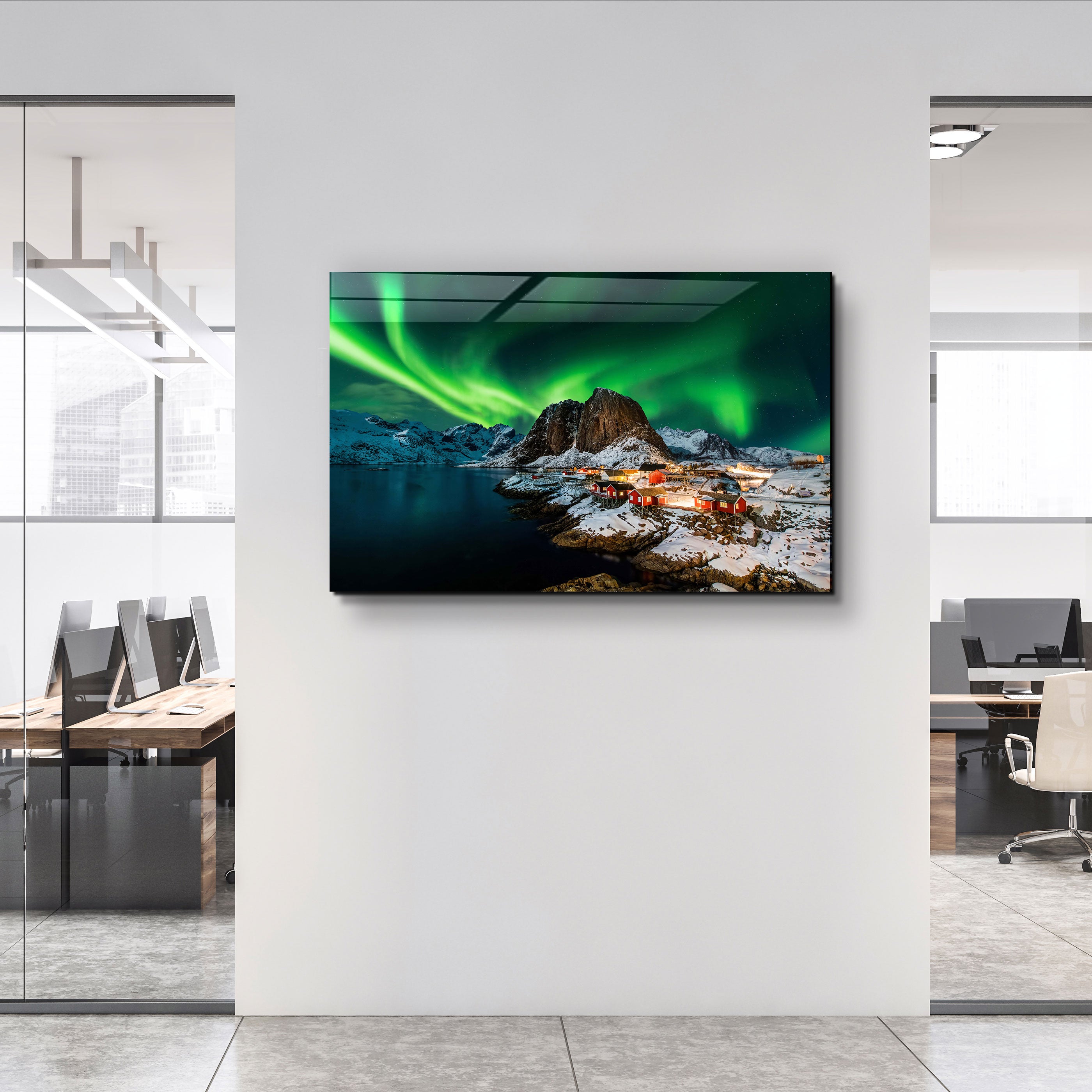 ・"Aurora borealis over Hamnoy in Norway"・Glass Wall Art