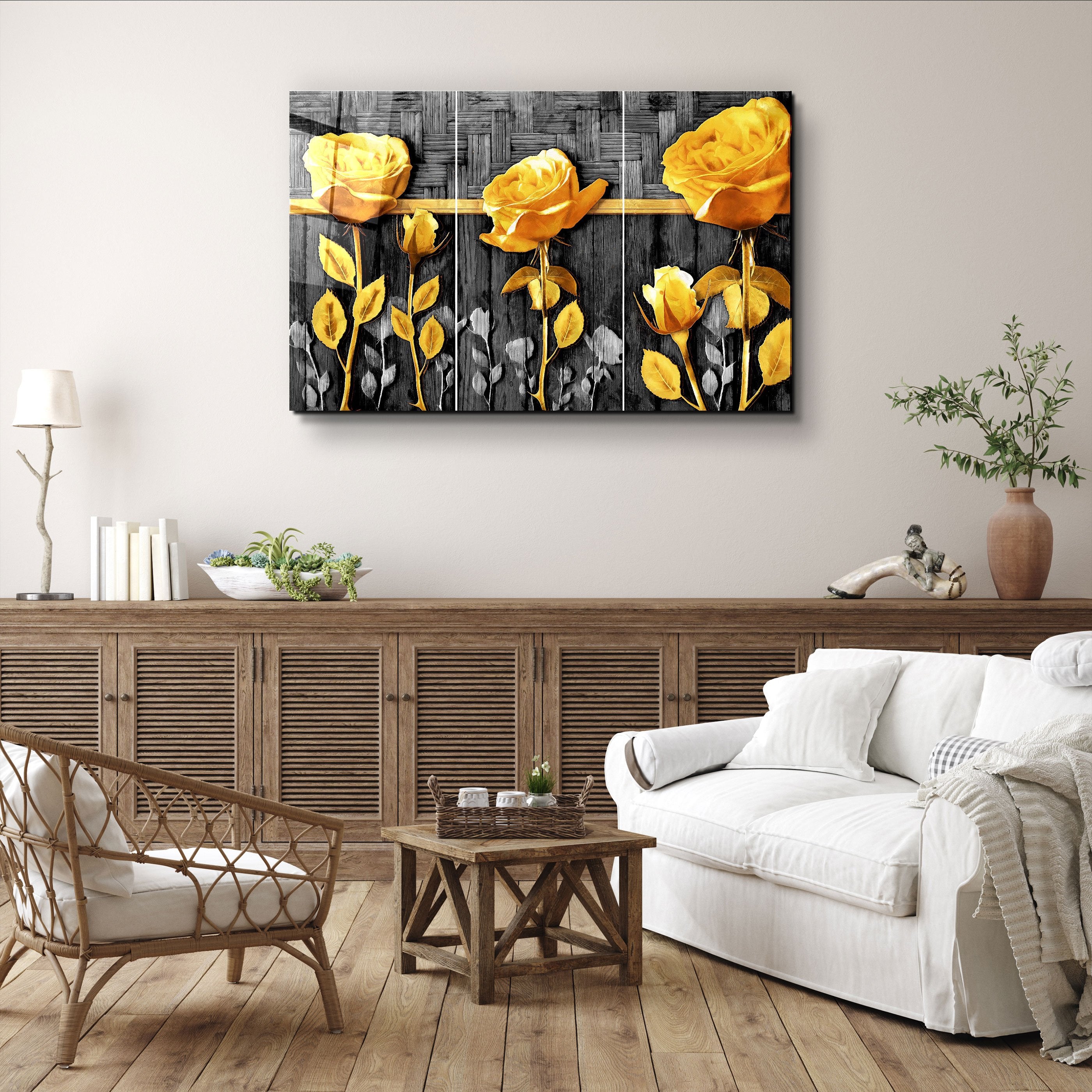 ・"Yellow Flowers"・Glass Wall Art