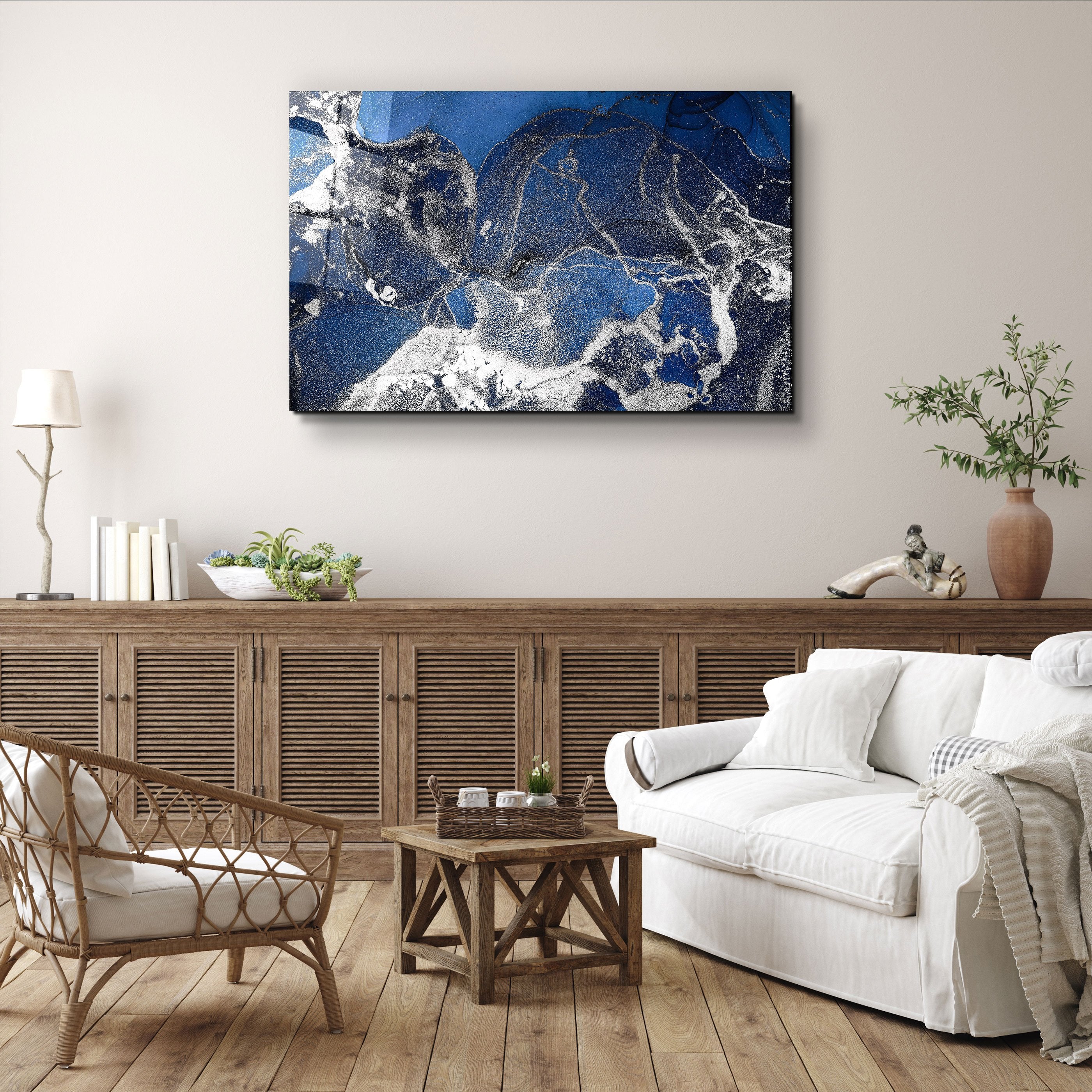 ・« Motif de vague bleu foncé V4 »・Art mural en verre