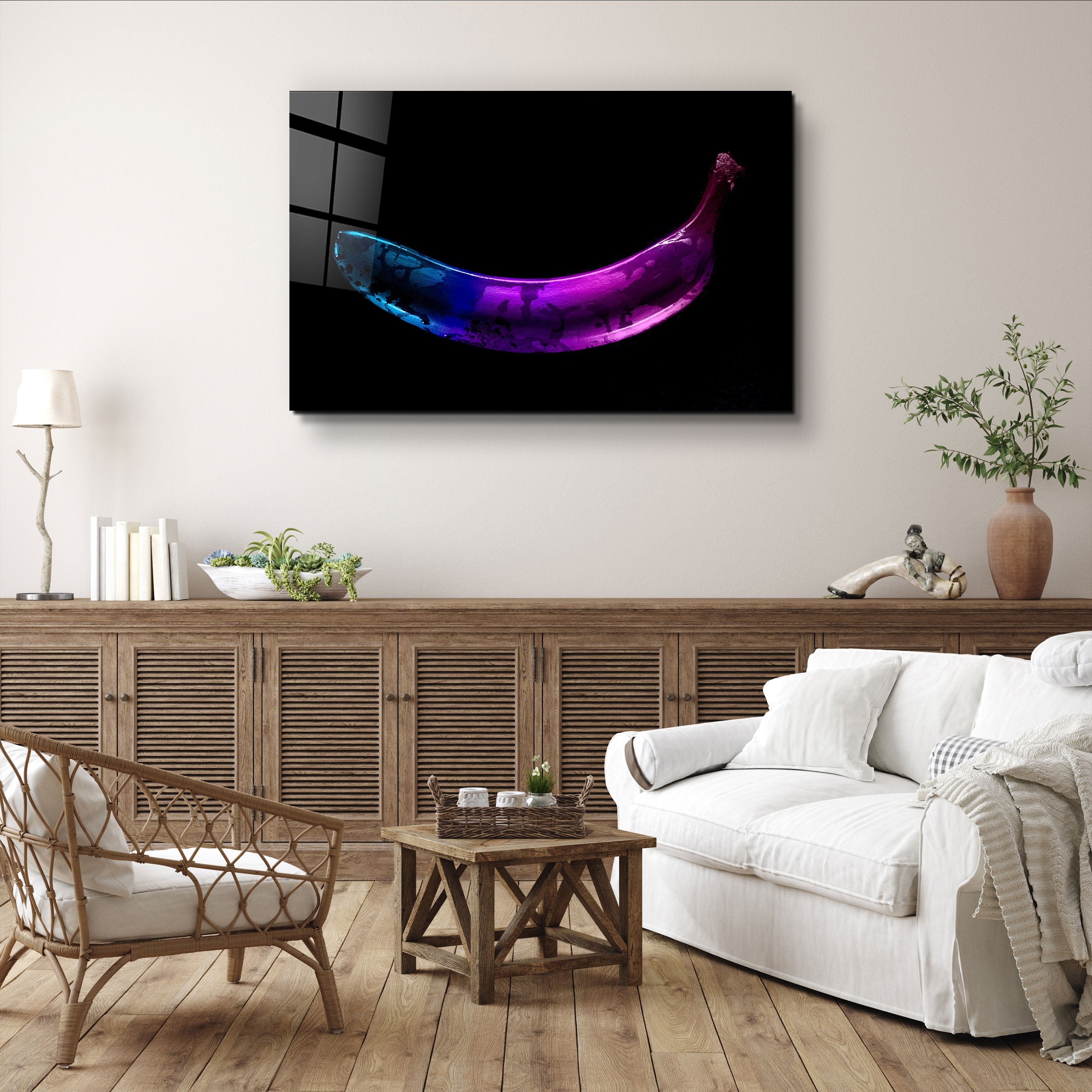 ・"Abstract Blue and Purple Banana"・Glass Wall Art