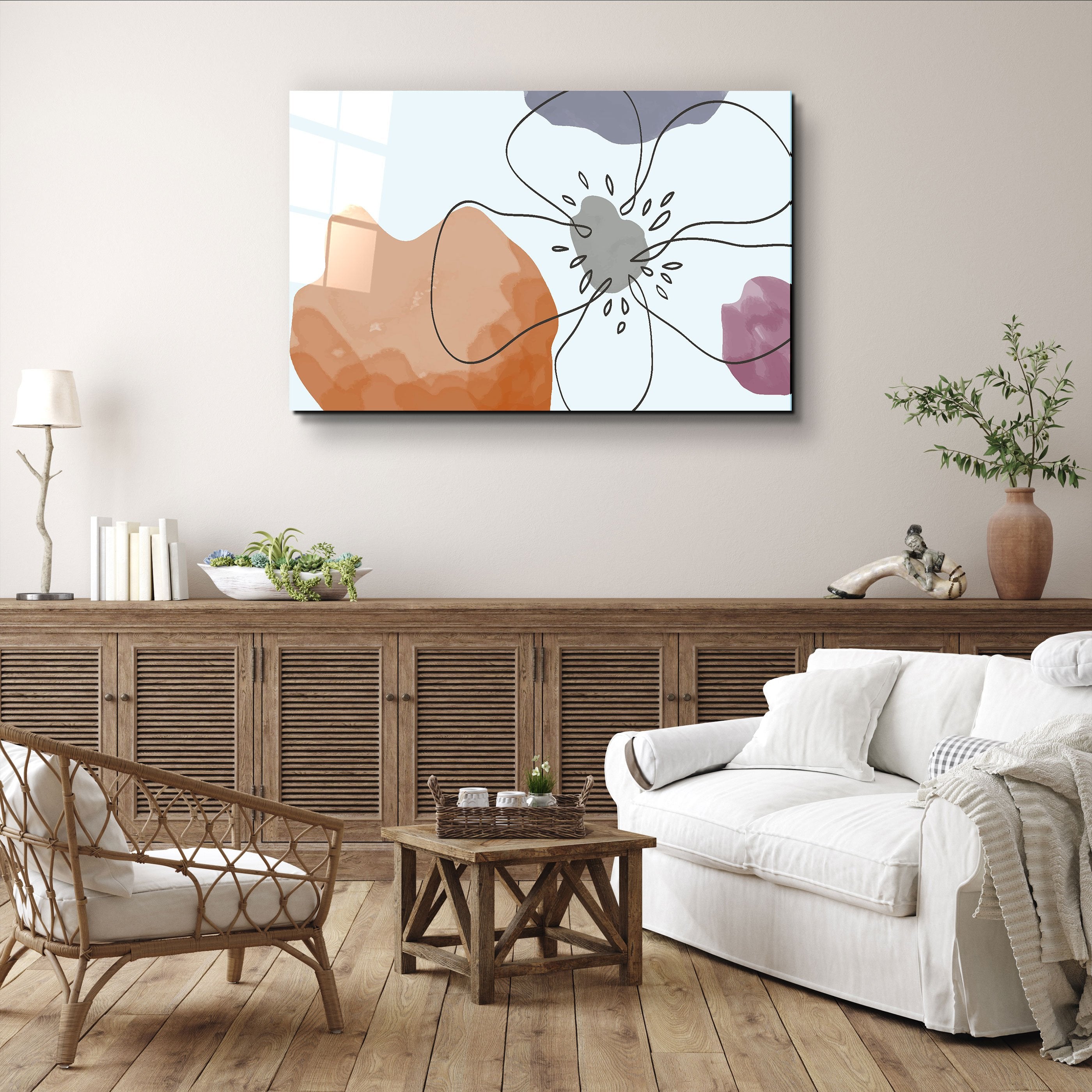 ・"Abstract Shapes and Flower"・Glass Wall Art