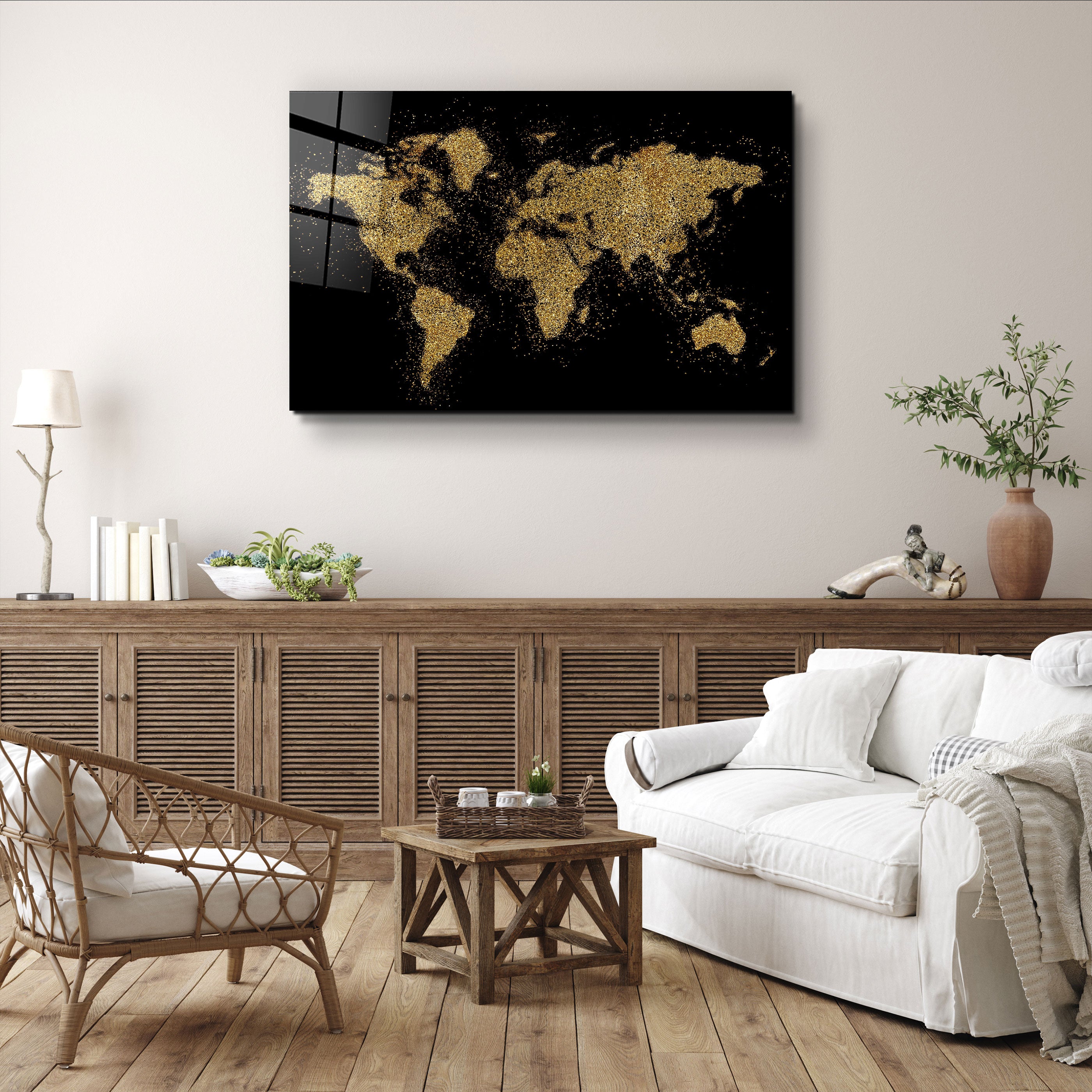 ・"World Map In Golden"・Glass Wall Art