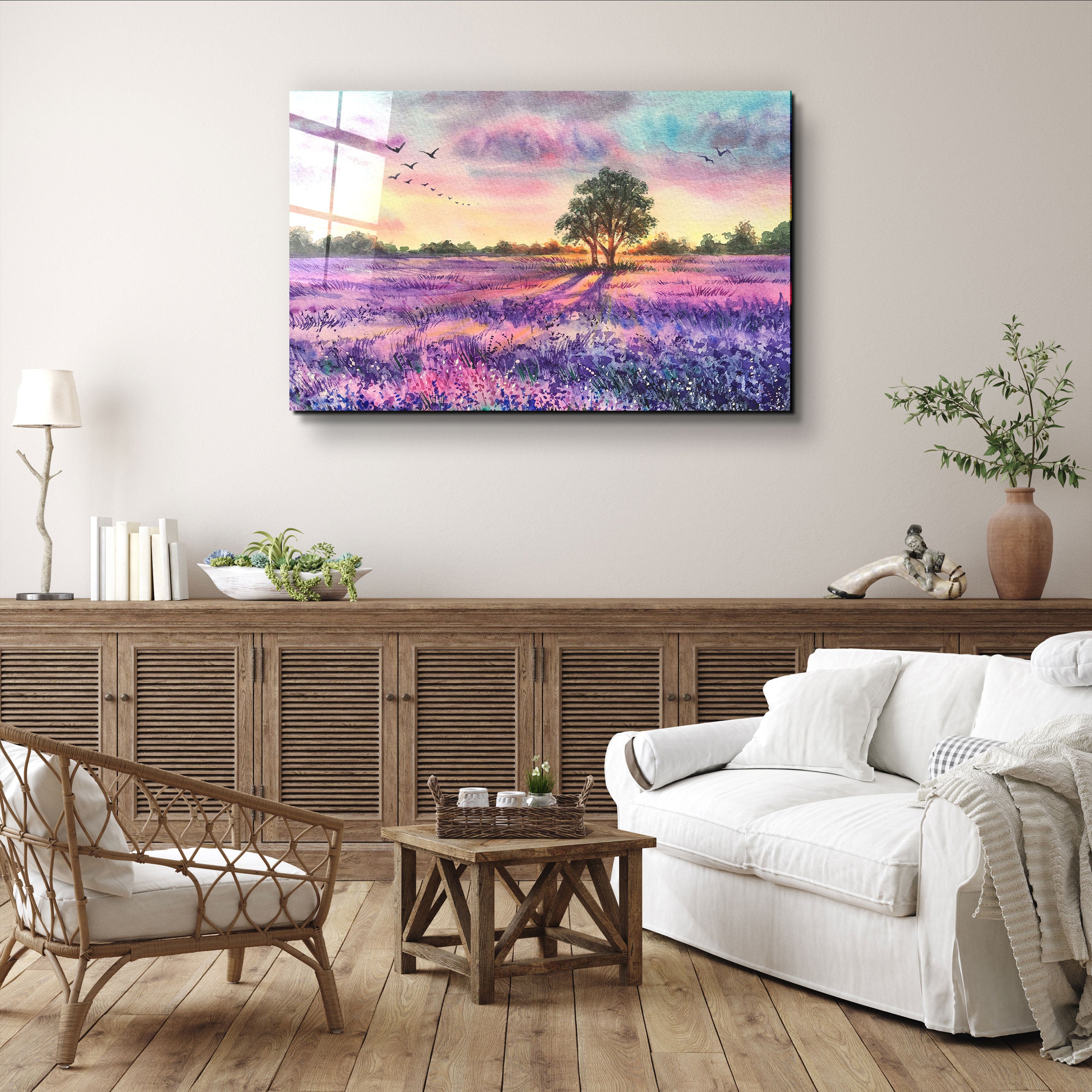 ・"Peinture de prairie au coucher du soleil"・Art mural en verre