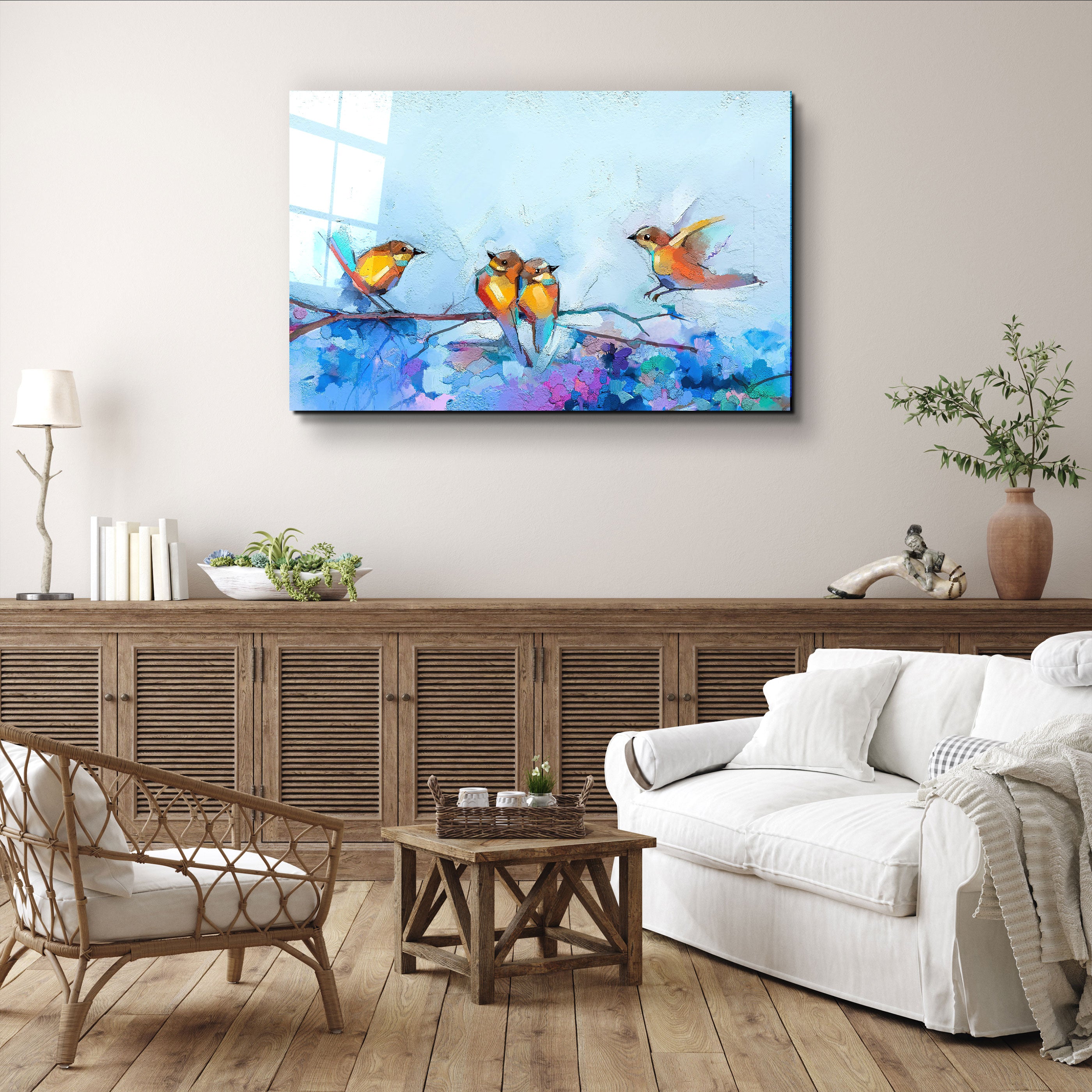 ・"Birds With Flower Painting"・Glass Wall Art