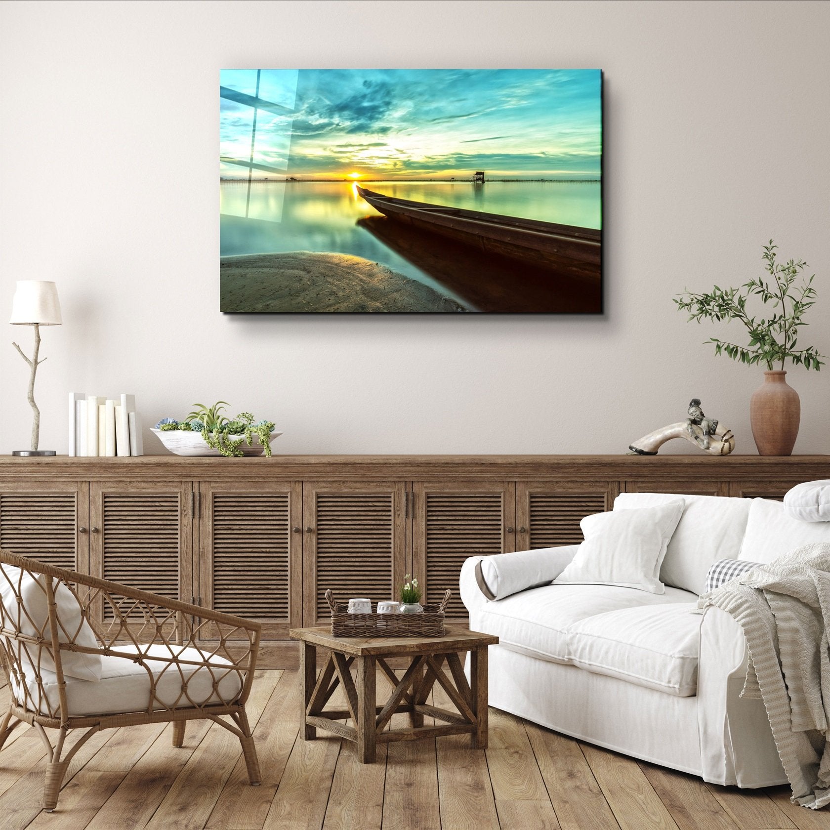 ・"Kayak and Sunset on the Beach"・Glass Wall Art