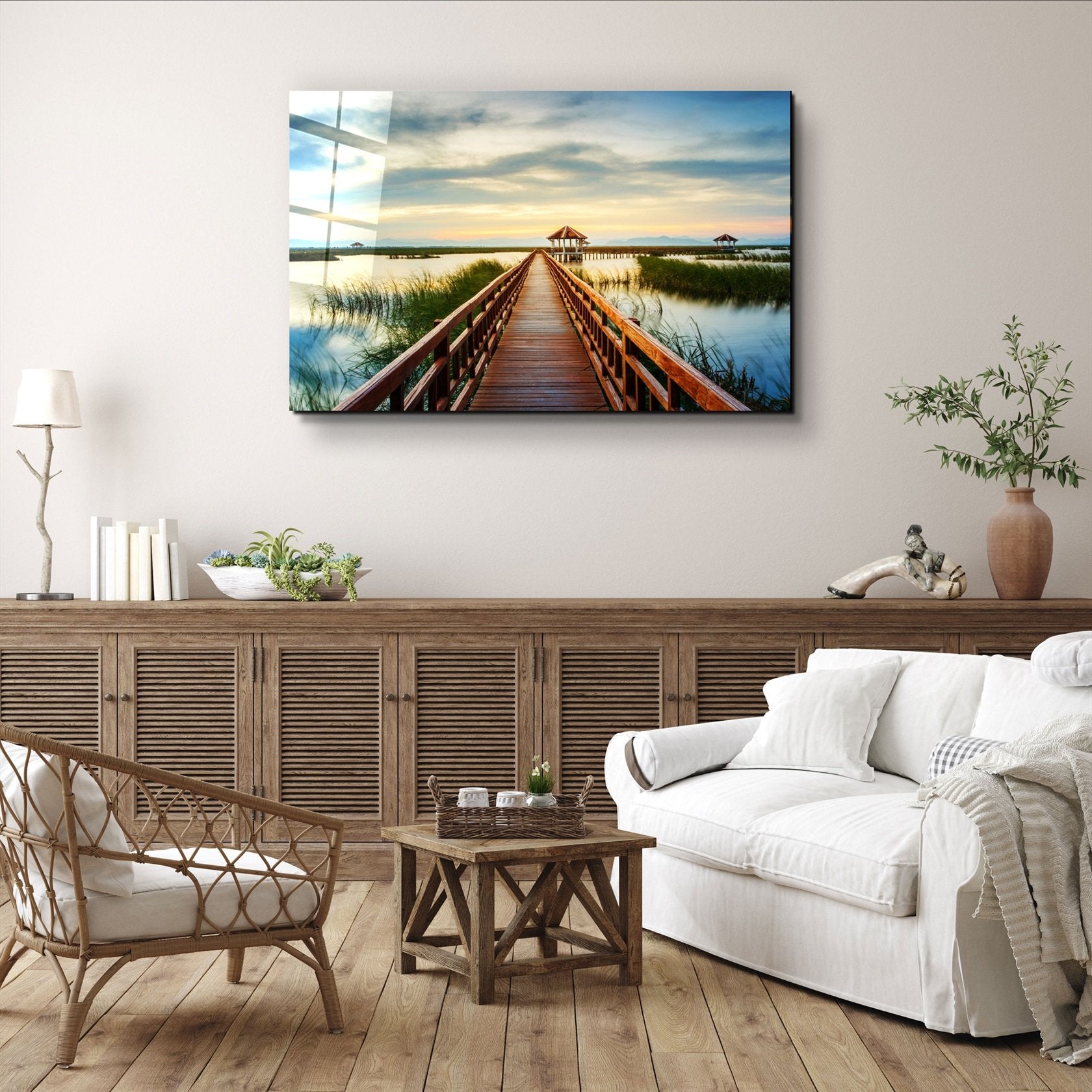 ・"Long Pier on the Lake"・Glass Wall Art